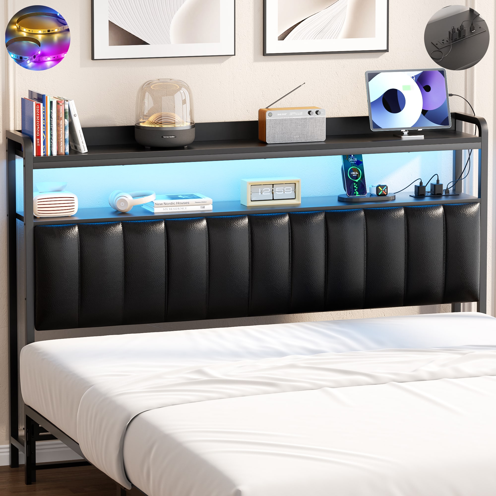 Aheaplus - Upholstered Headboard for Full Bed, Headboard with LED Lights and Power Outlet - Black