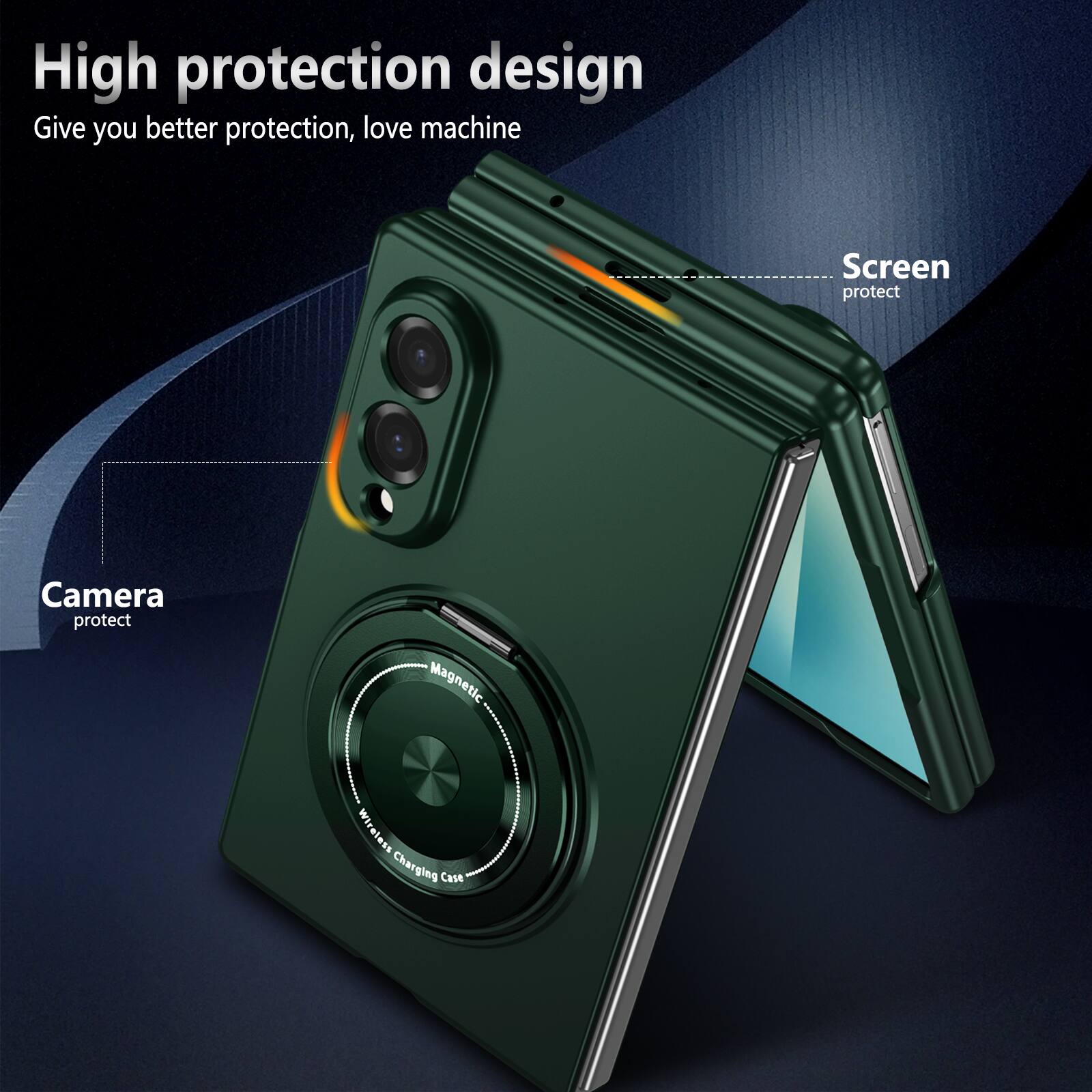 High protection design  
Give you better protection, love machine  

Screen protect  
Camera protect  
Magnetic Wireless Charging Case