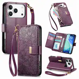 UUCOVER - Floral PU Leather Wallet Case for iPhone 17 Pro Max with Zipper Pocket, Card Slots,Shoulder & Wrist Strap, Stand Cover - Purple
