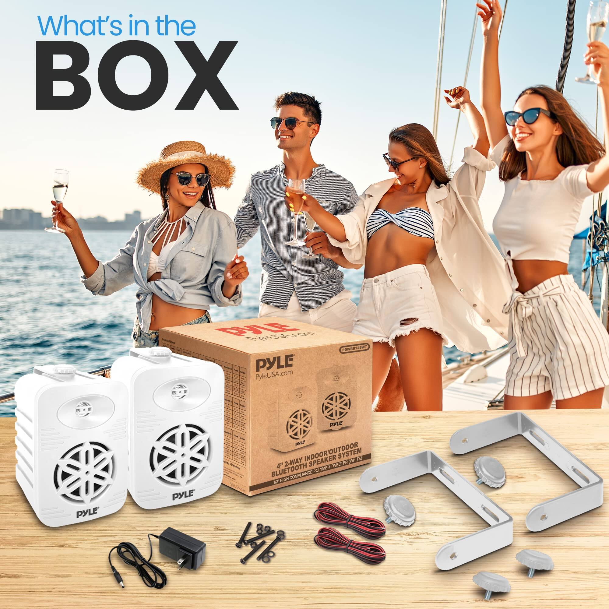 What's in the BOX PYLE PyleUSA.com PYLE PYLE 100020 02000 - 00000 000 PYLE m 2-WAY INDOOR/OUTDOOR SPEAKER SYSTEM NNE BLUETOOTH 4.0 SO Taper K MOH COMPLIANCE min