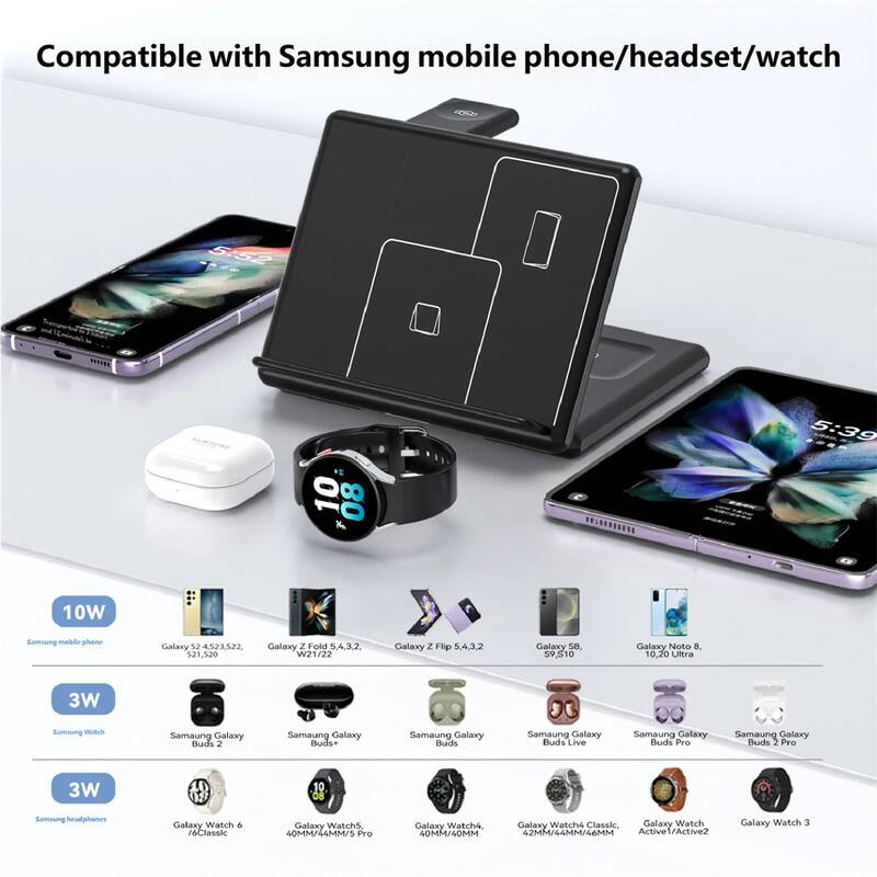 Compatible with Samsung mobile phone/headset/watch

10W
- Samsung mobile phone
  - Galaxy S21 5.4.3.2
  - Galaxy Z Fold 5.4.3.2
  - Galaxy Z Flip 5.4.3.2
  - Galaxy S8
  - Galaxy Note 8
  - Galaxy S9, S10

3W
- Samsung Watch
  - Samsung Galaxy Buds 2
  - Samsung Galaxy Buds+
  - Samsung Galaxy Buds Live
  - Samsung Galaxy Buds Pro
  - Samsung Galaxy Buds 2 Pro

3W
- Samsung headphones
  - Galaxy Watch 6 Classic
  - Galaxy Watch 5
  - Galaxy Watch4 Classic
  - Galaxy Watch4
  - Galaxy Watch Active1/Active2
  - Galaxy Watch 3
