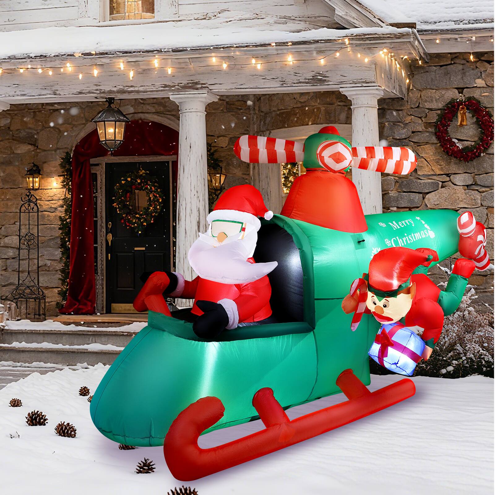 Oumilen - 8FT Inflatable Helicopter with Santa & Elf – Lighted Outdoor Yard Holiday Decor for Lawn Garden Front Porch