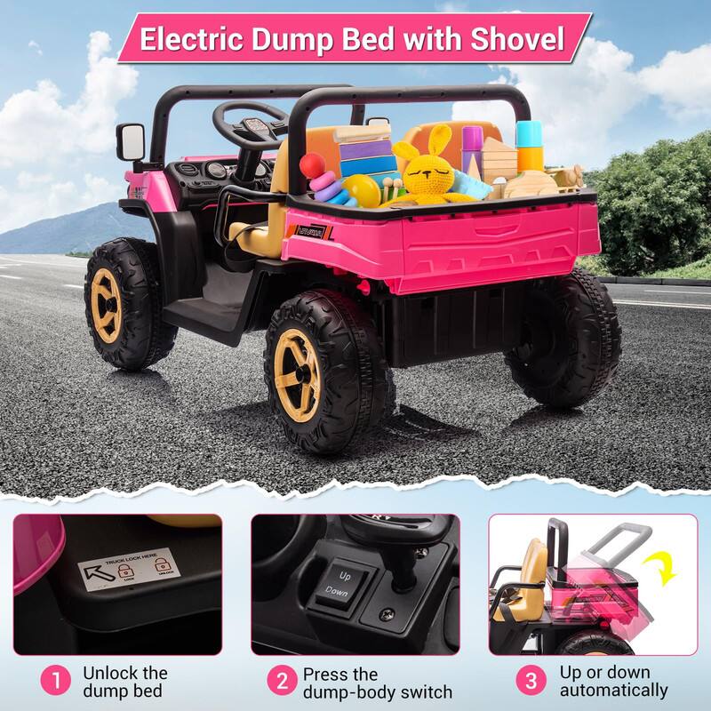 Electric Dump Bed with Shovel

1. Unlock the dump bed
2. Press the dump-body switch
3. Up or down automatically