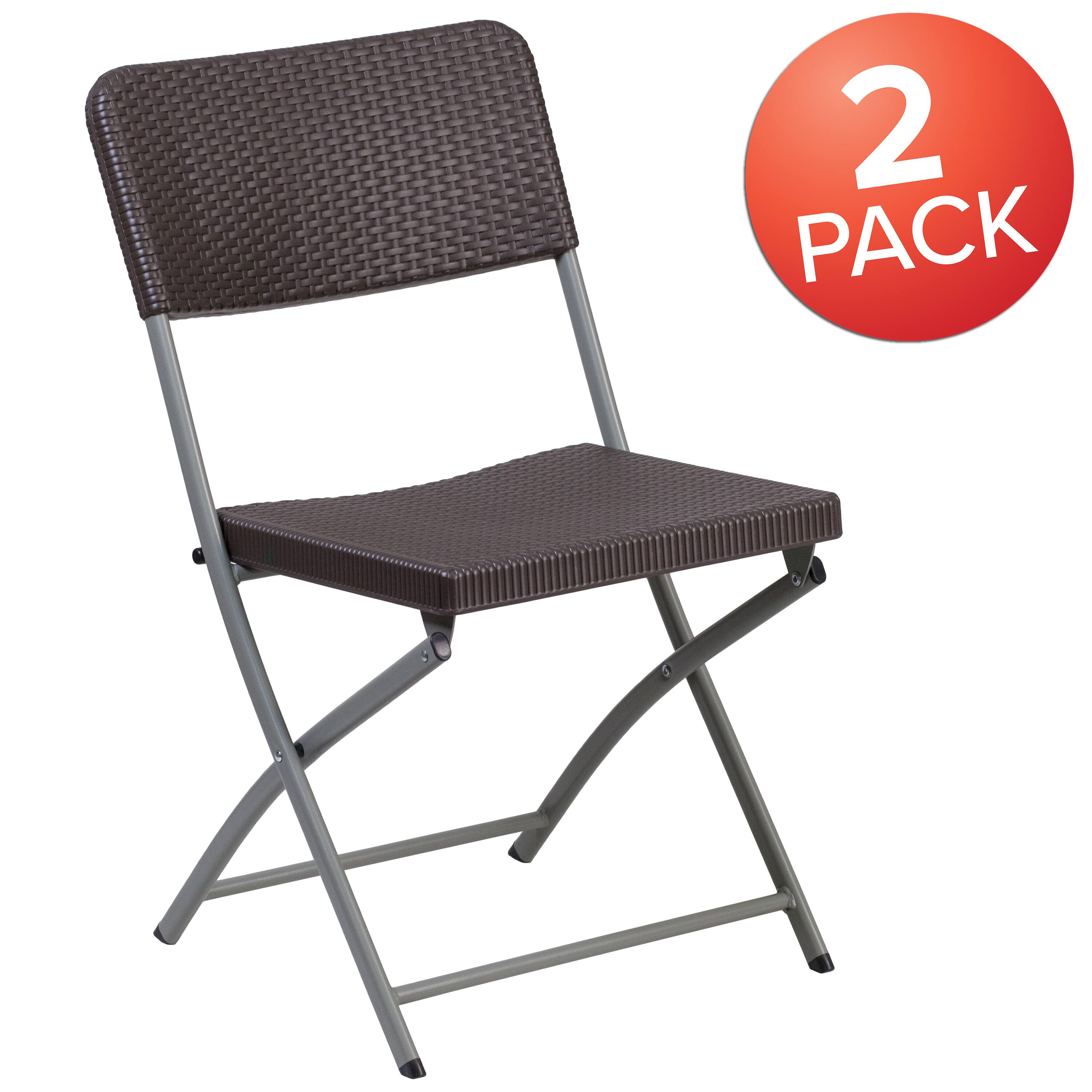 Alt View 1. Emma + Oliver - 2 Pack Rattan Plastic Folding Chair with Gray Frame - Brown.