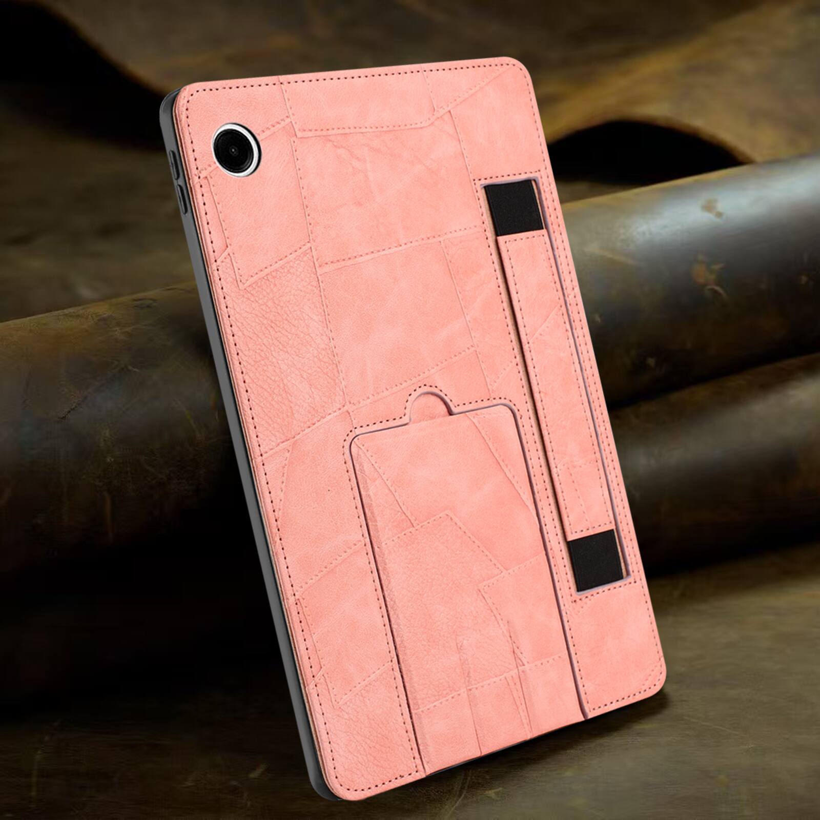 Left. Dteck - Leather Texture Case for Samsung Galaxy Tab A9, Shockproof Protective Cover with Multi-Angle Stand and Secure Hand Strap - Pink.