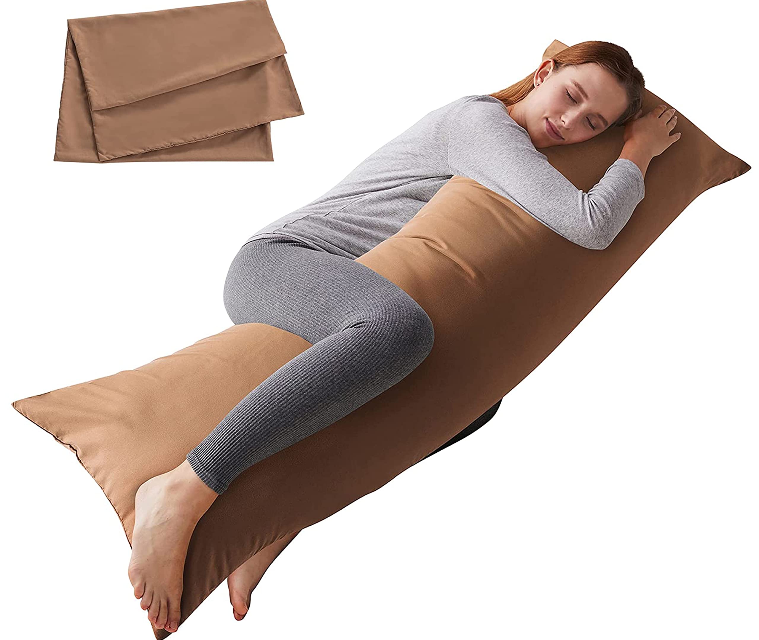 Front. Hirose Alice - Body Pillow With Pillowcase - Soft Long Bed For Adults Breathable Full Insert Sleeping 20x54inches - Brown.