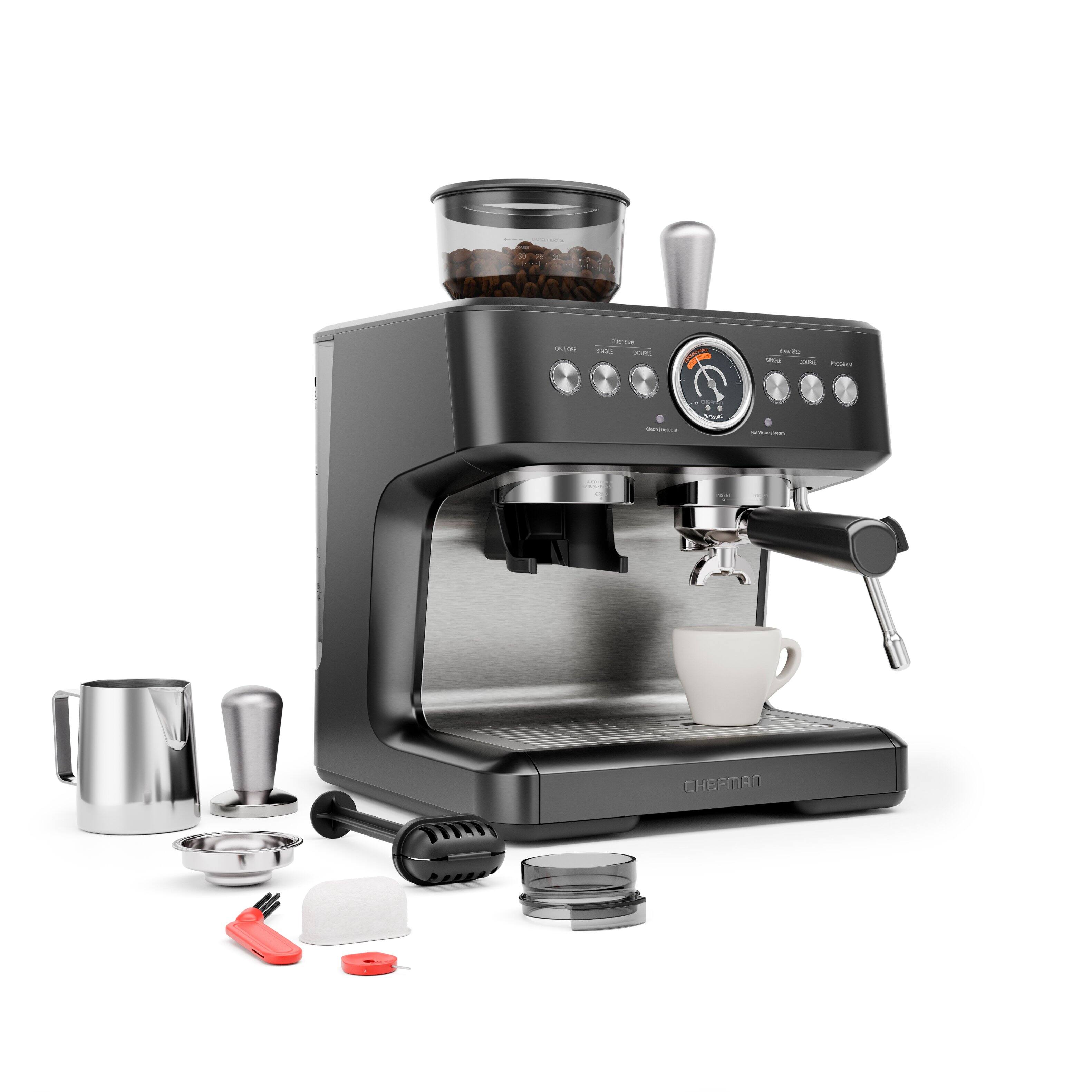 Angle. Chefman - Crema Deluxe Double Boiler Espresso Machine, Conical Burr Grinder and Steam Wand - Black.