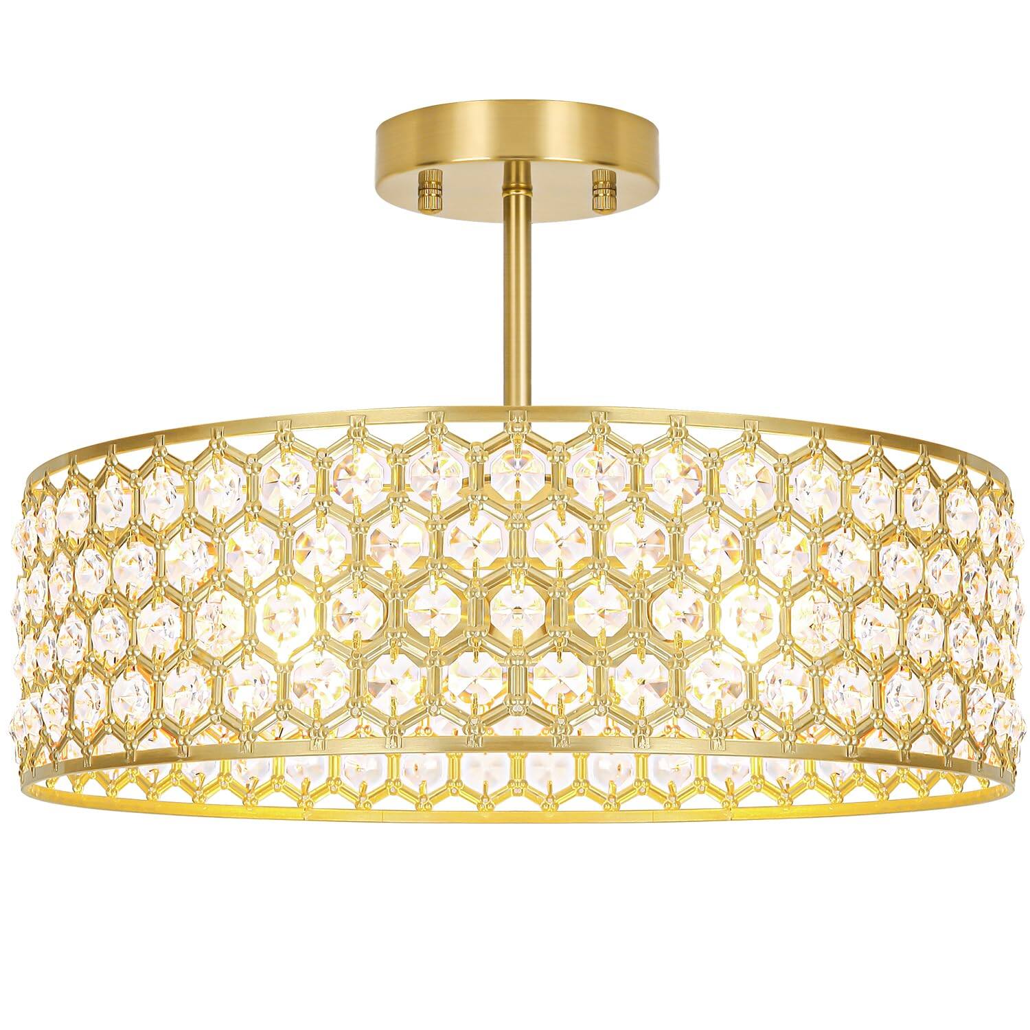 Front. Earthley Blooms - Crystal Ceiling Light Fixture Modern Semi Flush Mount Chandelier Lighting For Hallway Kitchen Foyer Daz - Gold 16in A.
