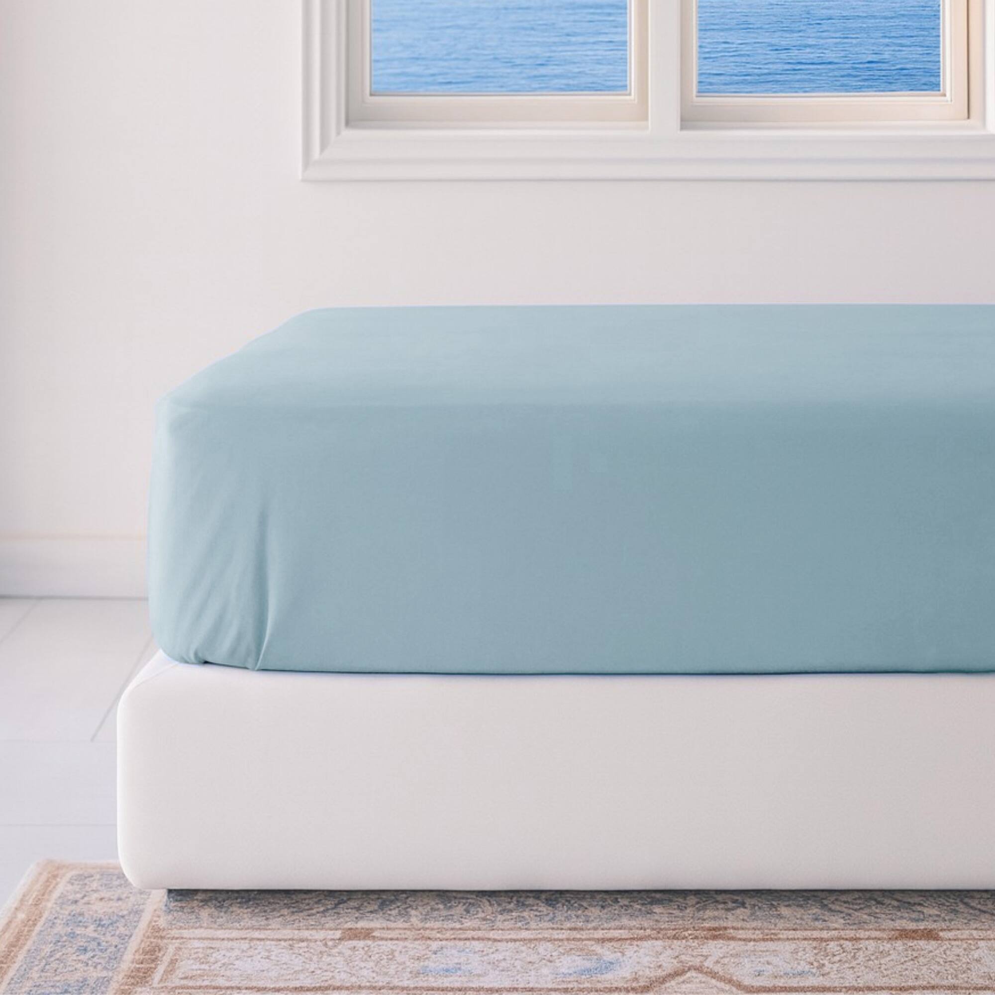 Angle. BedVoyage - Luxury 100% viscose from Bamboo Fitted Sheet - Sky.
