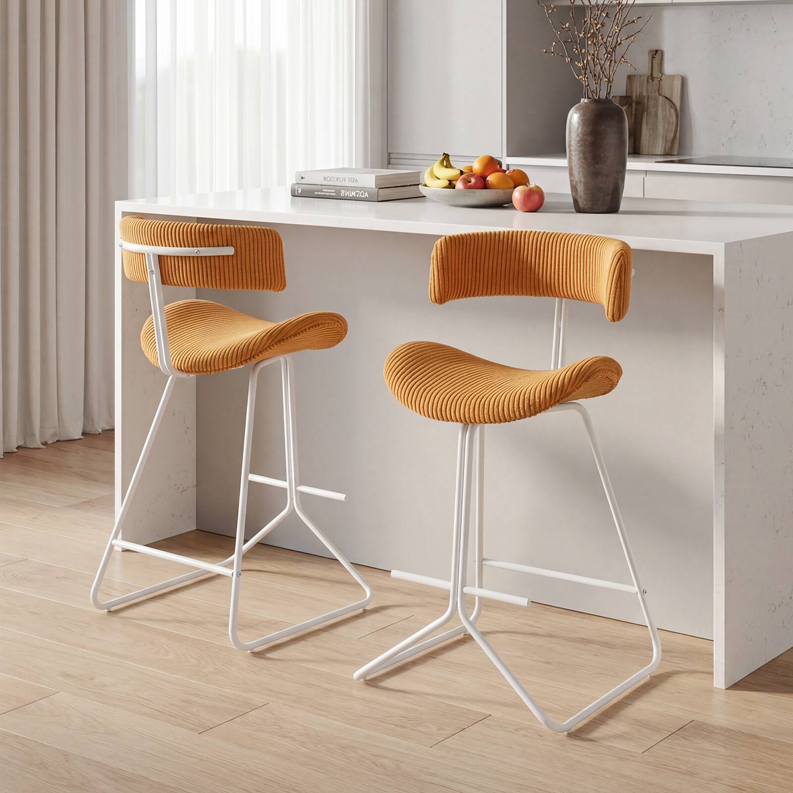 Alt View 1. Costway - Costway Counter Height Stools Set of 2 with Curved Back, Padded Seat, Metal Legs, Footrest - Orange + White.
