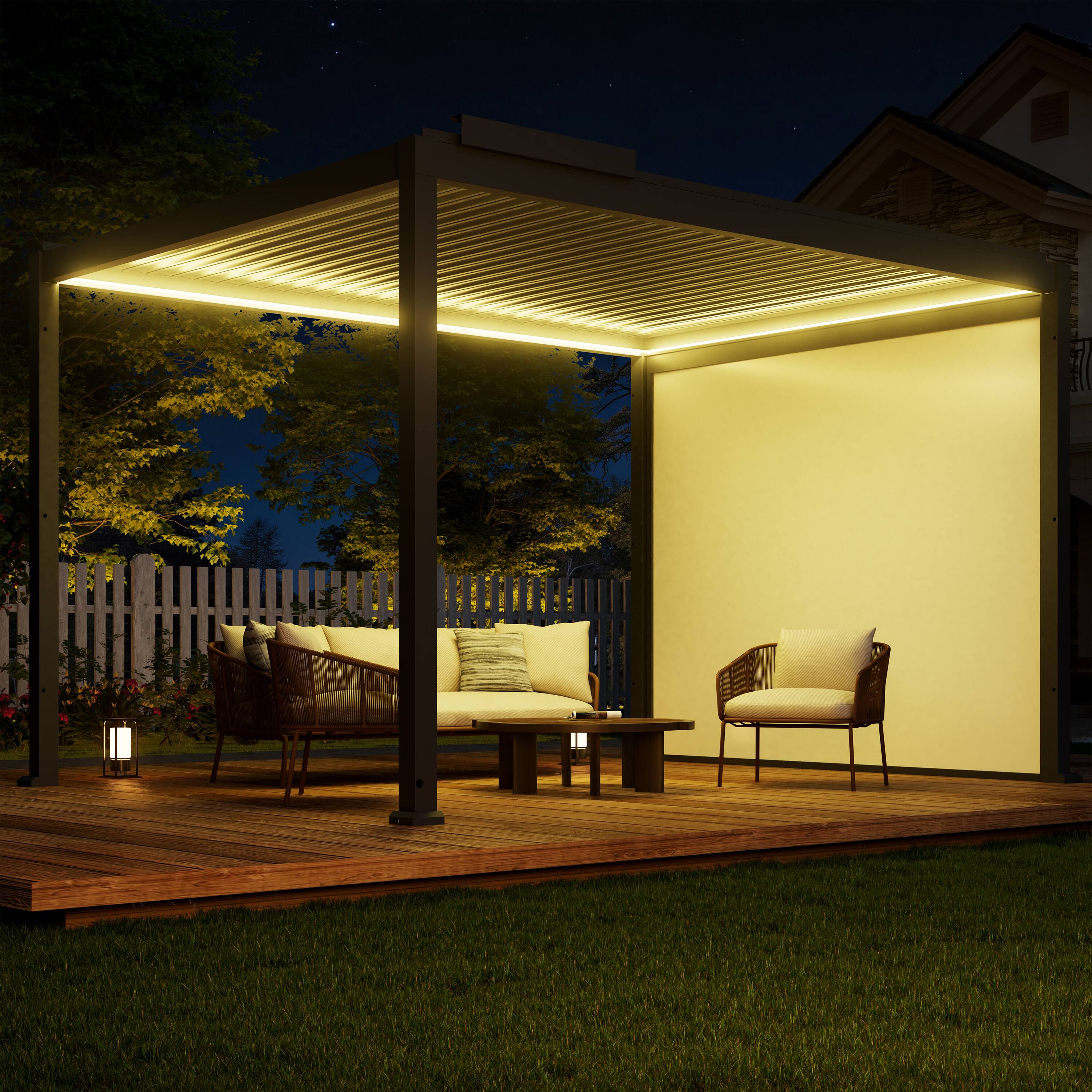 Angle. Mondawe - 10x13FT Electric Aluminum Louver Pergola with LED Lights and Motorized Outdoor Projector Screen - Gray.