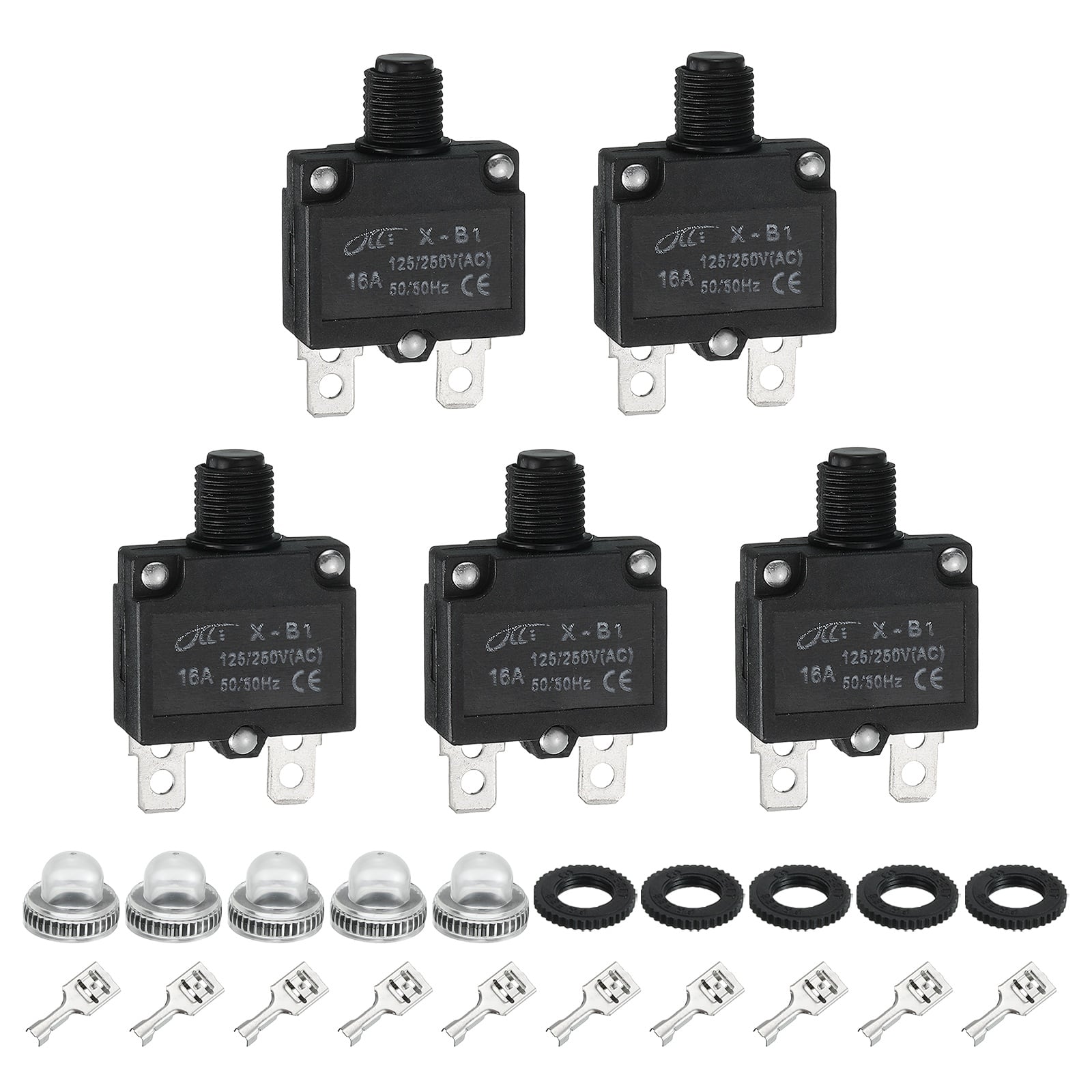 Unique Bargains - 5pcs 16A Thermal Circuit Breaker, 125/250V AC,32V DC, Manual Reset Push Button, Waterproof Caps, Quick Connect X-B1 - Black price history on PriceWatchPro