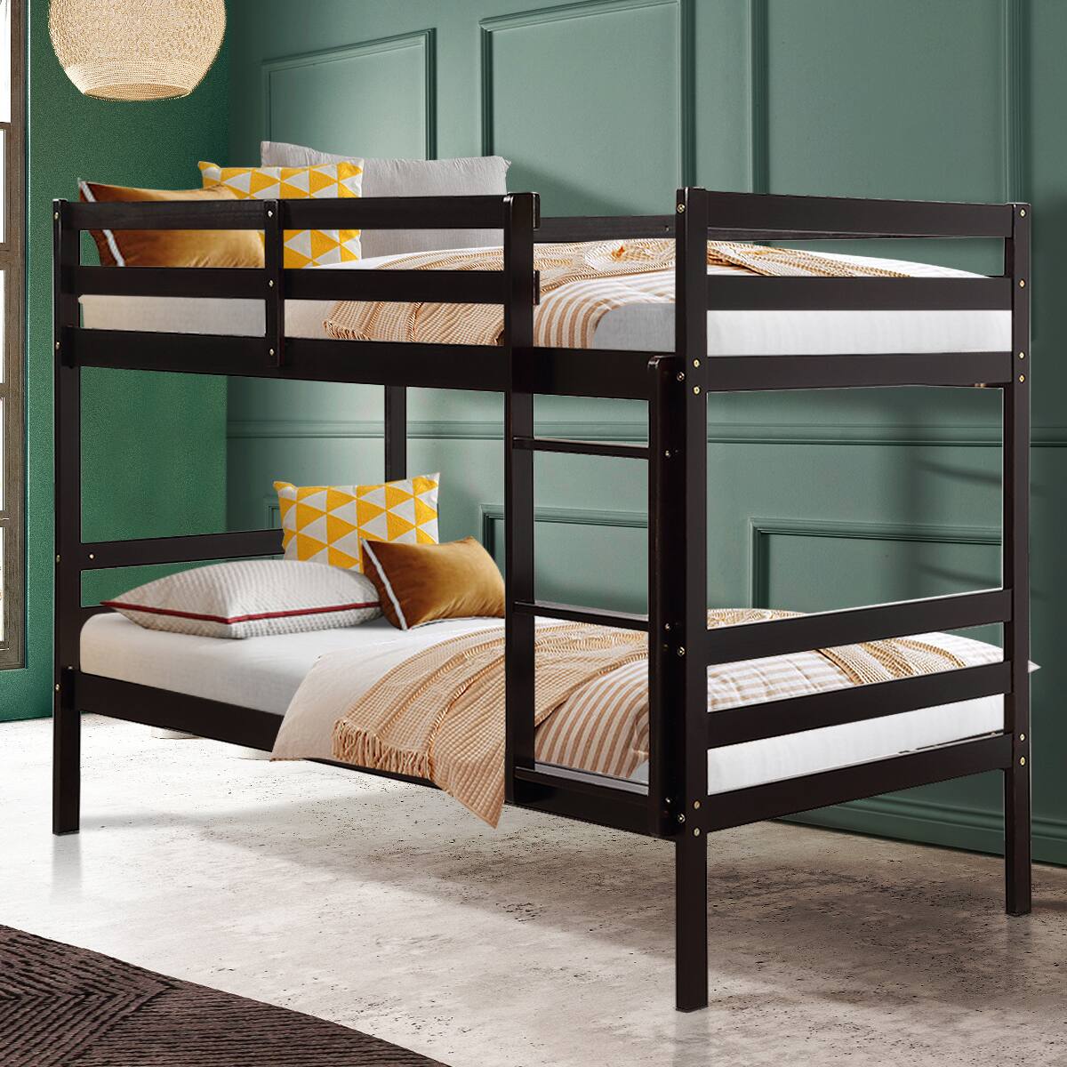 Alt View 1. Ecooso - Twin Size Sturdy Wooden Bunk Beds with Ladder and Safety Rail - Brown.