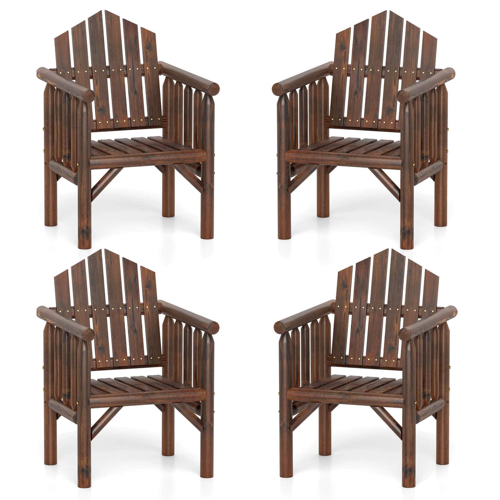 Costway - 4 PCS Outdoor Wood Armchair with Armrests and Reclined High Backrest for Porch - Brown