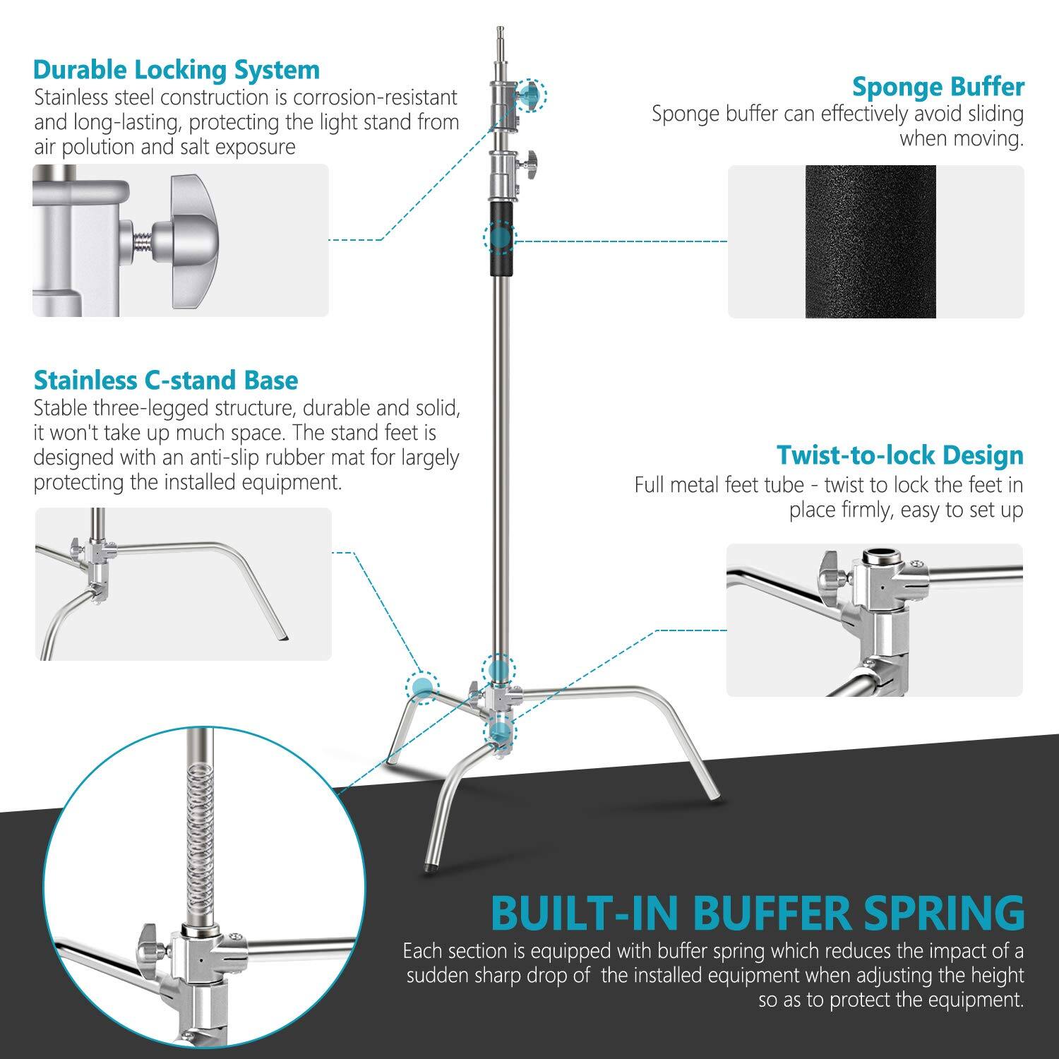 Durable Locking System  
Stainless steel construction is corrosion-resistant and long-lasting, protecting the light stand from air pollution and salt exposure.  

Sponge Buffer  
Sponge buffer can effectively avoid sliding when moving.  

Stainless C-stand Base  
Stable three-legged structure, durable and solid, it won't take up much space. The stand feet are designed with an anti-slip rubber mat for largely protecting the installed equipment.  

Twist-to-lock Design  
Full metal feet tube - twist to lock the feet in place firmly, easy to set up.  

BUILT-IN BUFFER SPRING  
Each section is equipped with a buffer spring which reduces the impact of a sudden sharp drop of the installed equipment when adjusting the height so as to protect the equipment.