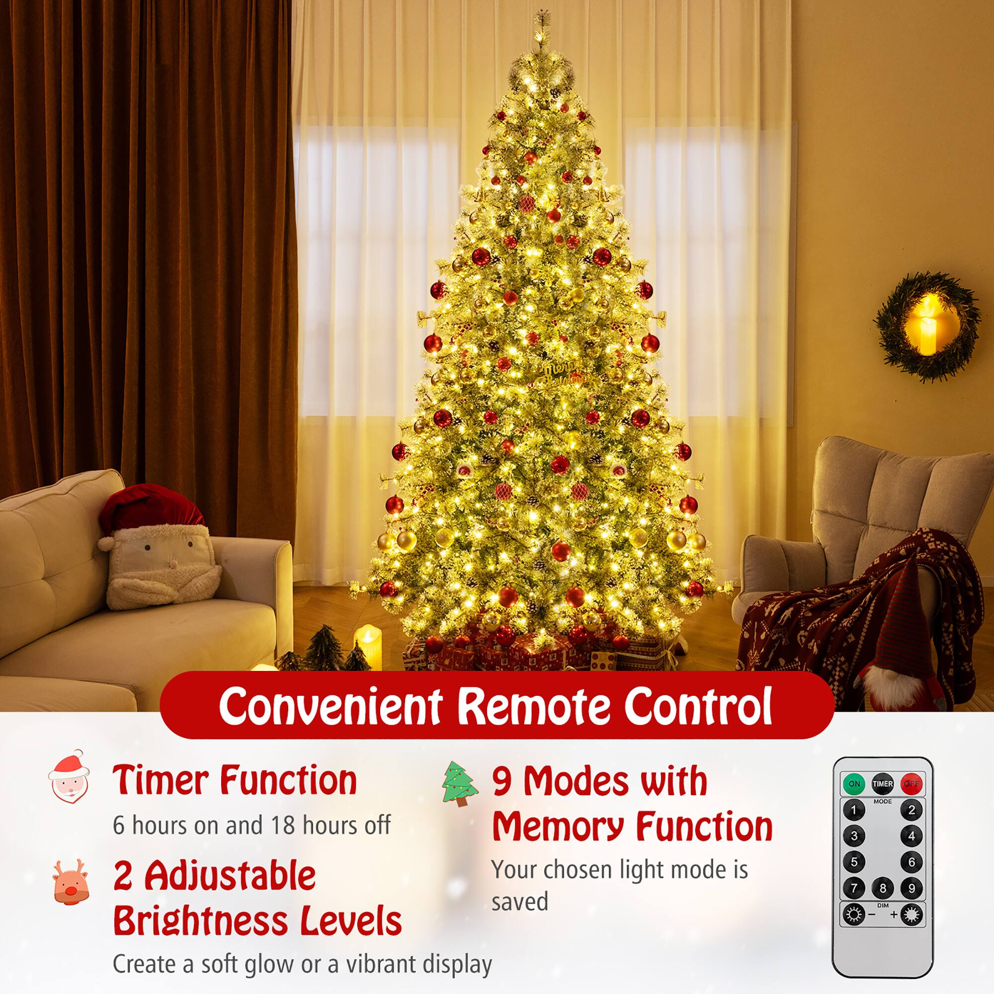 Convenient Remote Control

Timer Function  
6 hours on and 18 hours off

2 Adjustable Brightness Levels  
Create a soft glow or a vibrant display

9 Modes with Memory Function  
Your chosen light mode is saved