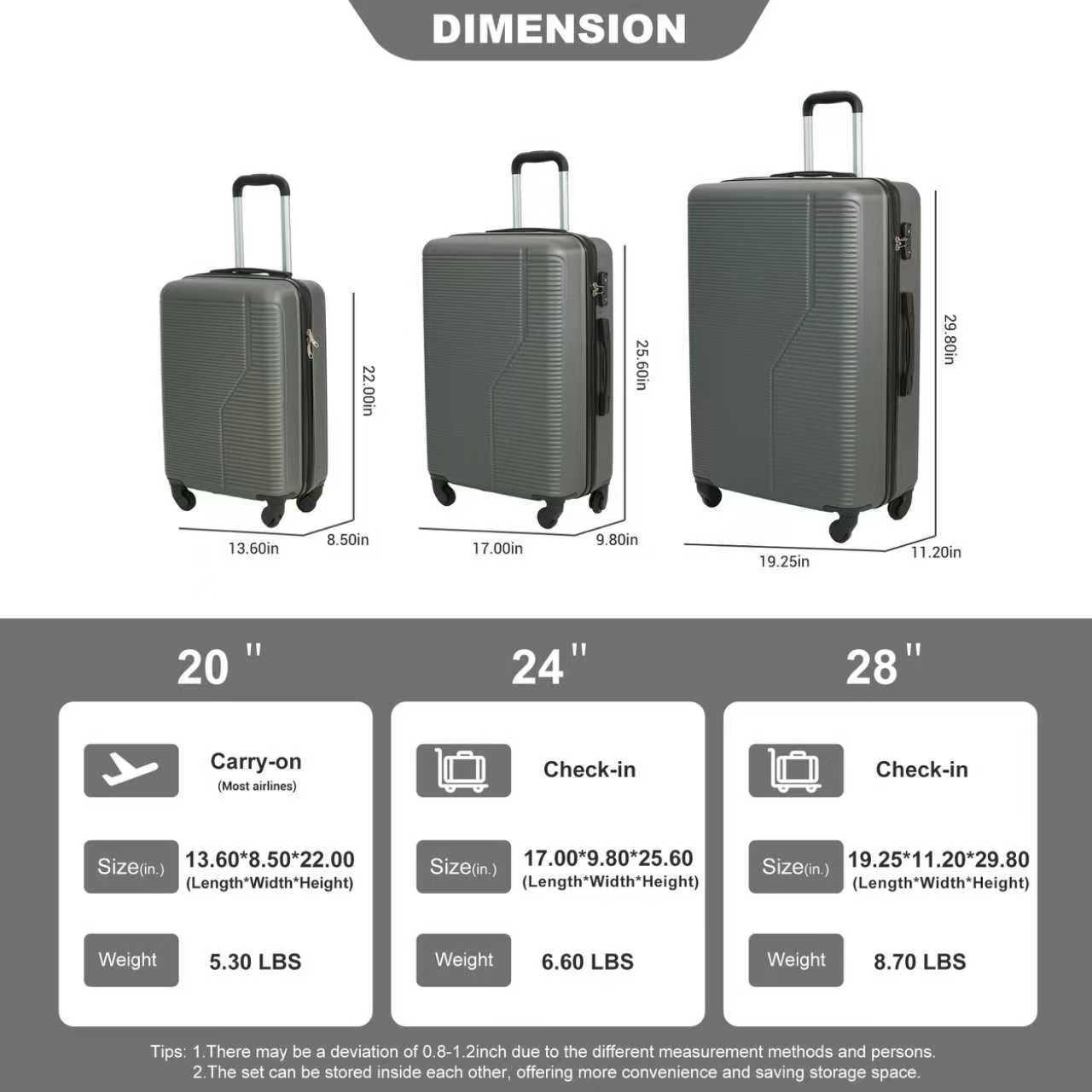 BreeBe 3 Piece Luggage Set ABS Lightweight & Durable Suitcase with