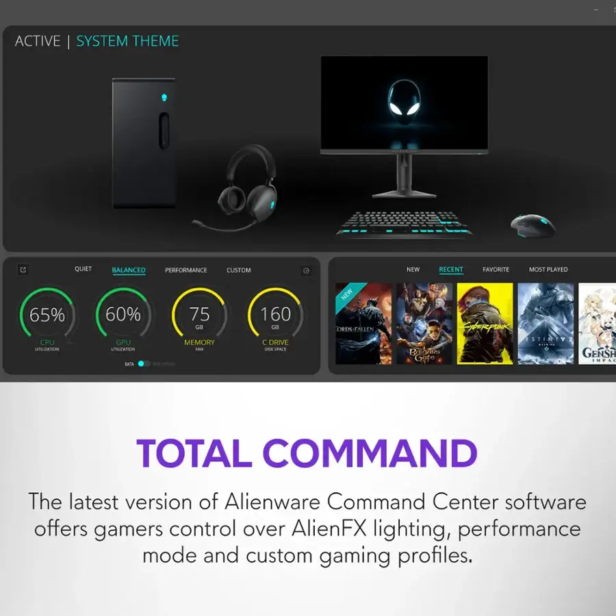 The latest version of Alienware Command Center software offers gamers control over AlienFX lighting, performance mode, and custom gaming profiles.