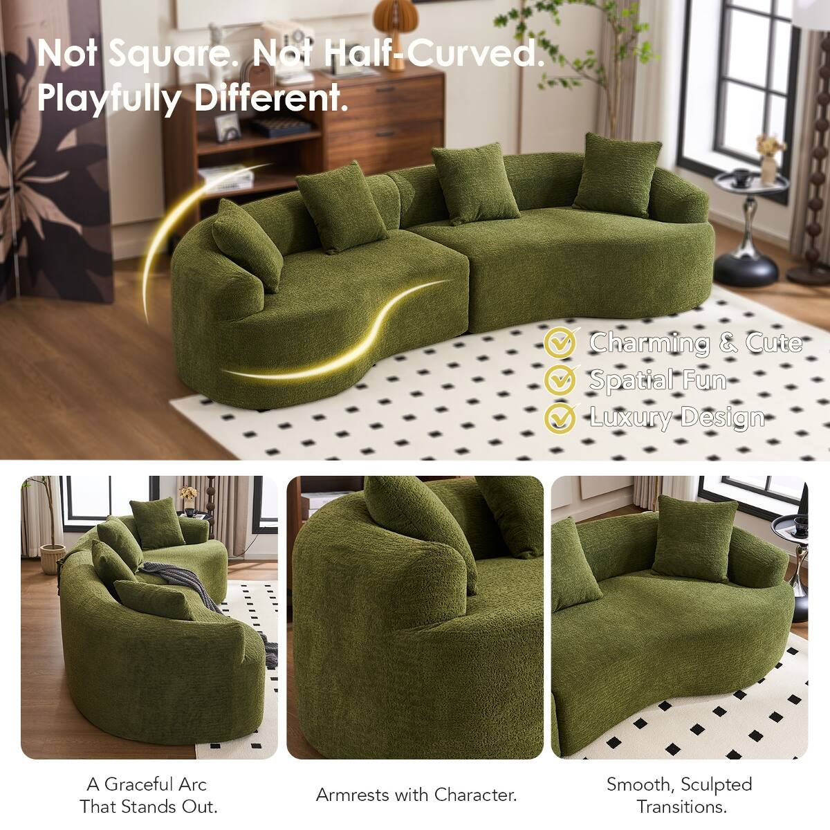 Not Square. Not Half-Curved. Playfully Different.

Charming & Cute Spatial Fun Luxury Design

A Graceful Arc That Stands Out.

Armrests with Character.

Smooth, Sculpted Transitions.