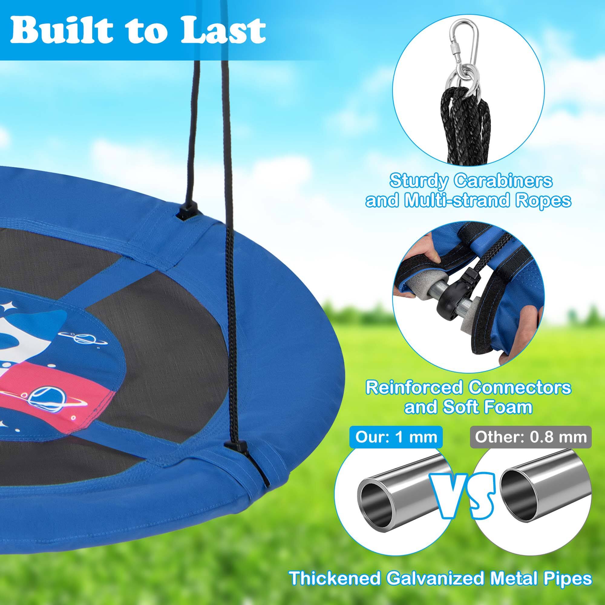 Built to Last

- Sturdy Carabiners and Multi-strand Ropes
- Reinforced Connectors and Soft Foam
  - Our: 1 mm
  - Other: 0.8 mm
- Thickened Galvanized Metal Pipes