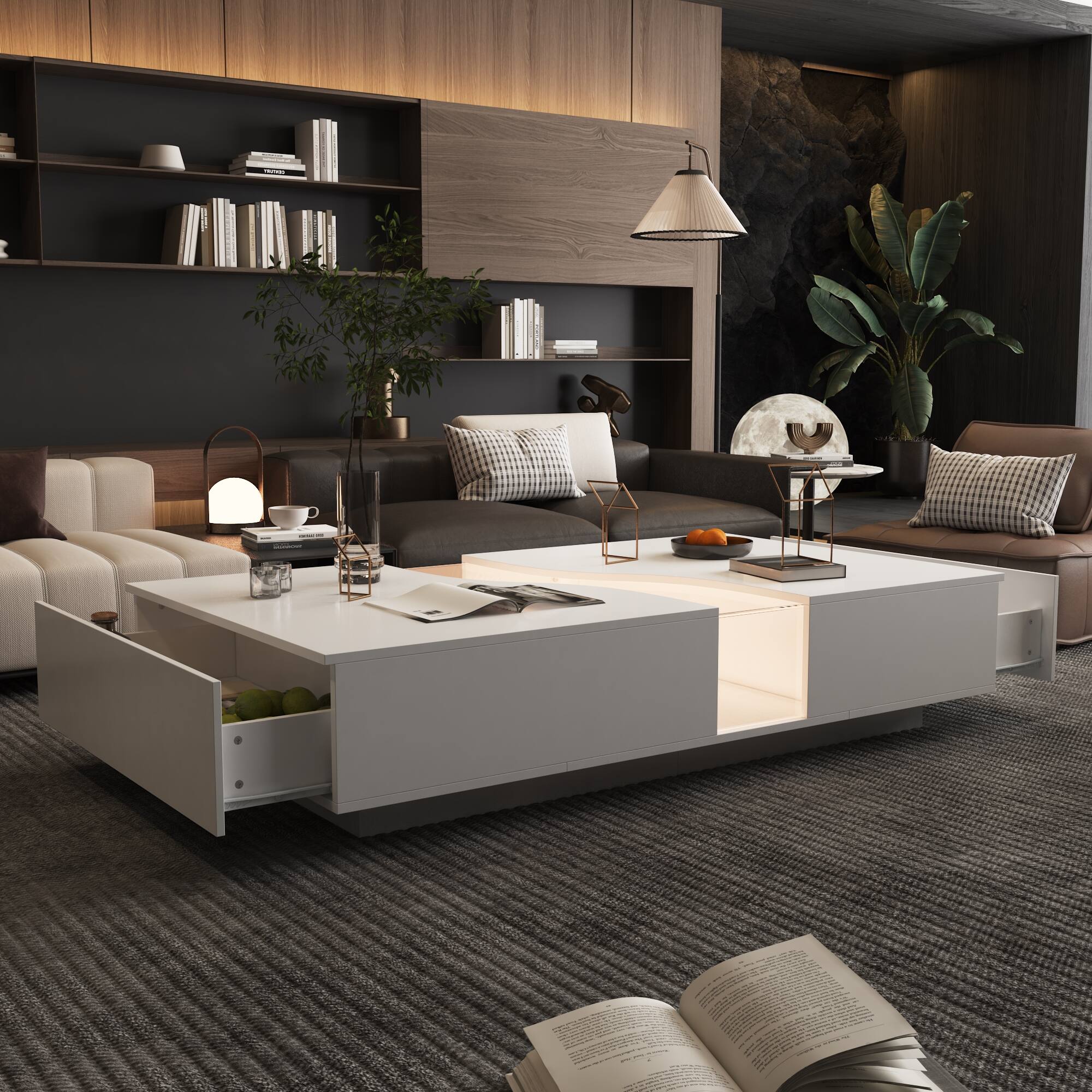 Left. FUFU & GAGA - Modern Irregular Coffee Table with LED Ambient Lighting, Hidden Drawers and Open Storage for Living Room - White.