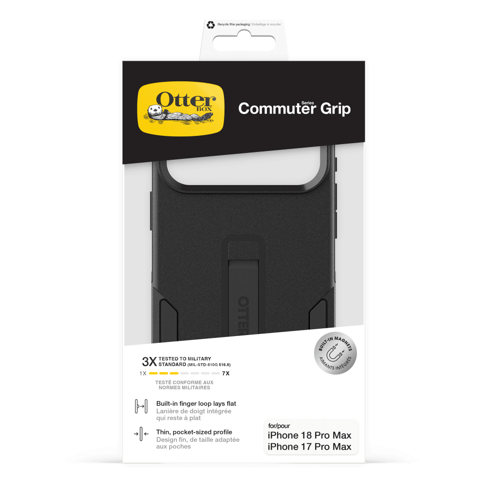 Recycle to packaging  
Emballage recycler

Otter Series BOX Commuter Grip

TESTED TO MILITARY 3X STANDARD (MIL-STD-810G 515.6)  
1X 7X TEST CONFORME AUX NORMES MILITAIRES

OTTER  
BUILT-IN MAGNETS AIMANTS INTÉGRÉS

Built-in finger loop lays flat  
Lanière de doigt intégrée qui reste à plat

Thin, pocket-sized profile  
Design fin, de taille adaptée aux poches

for/pour iPhone 18 Pro Max  
iPhone 17 Pro Max