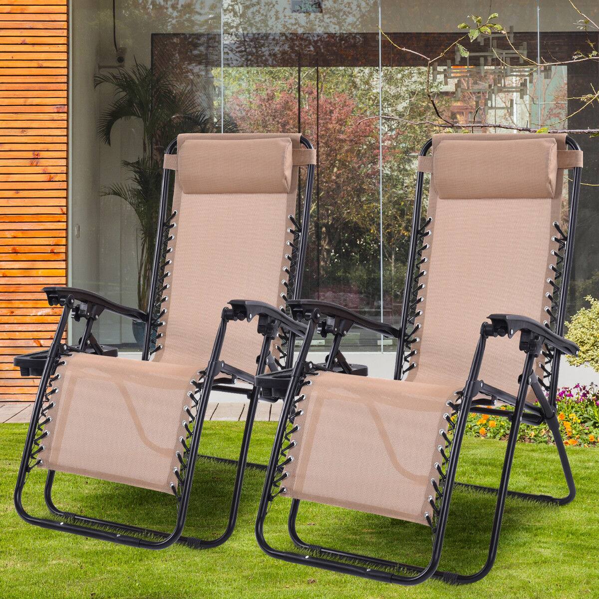 Alt View 2. Costway - Costway 2PCS Zero Gravity Chairs Lounge Patio Folding Recliner  W/Cup Holder - Beige.