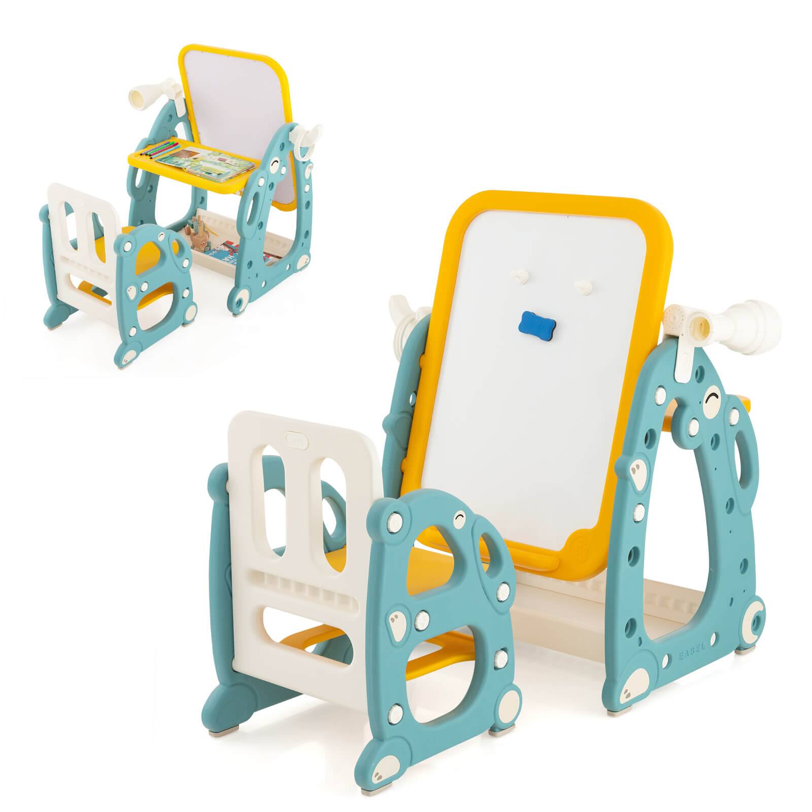 Front. Costway - Kids Art Easel with Chair Kids Activity Table & Chair Set w/ Storage Basket - Blue / Yellow.