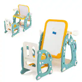 Costway - Kids Art Easel with Chair Kids Activity Table & Chair Set w/ Storage Basket - Blue / Yellow