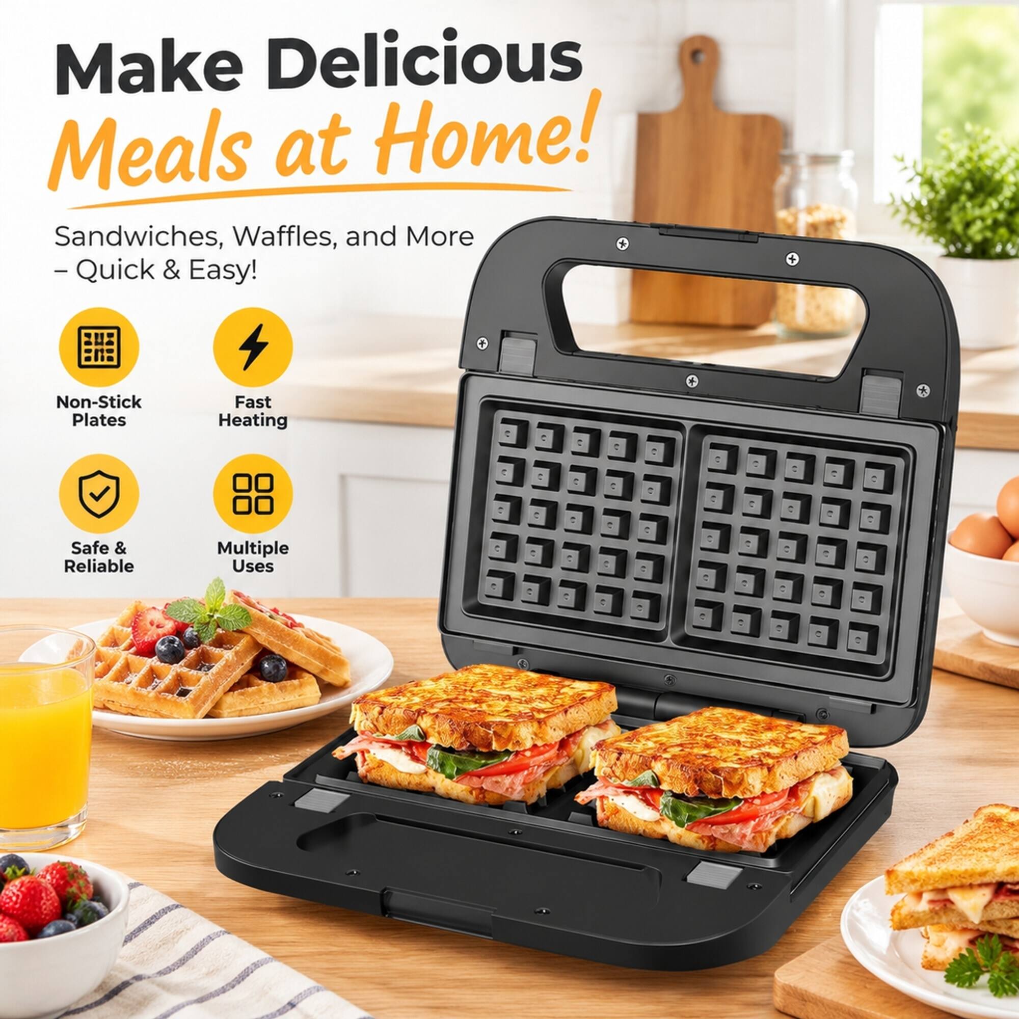 Make Delicious Meals at Home! Sandwiches, Waffles, and More - Quick & Easy!

Non-Stick Plates Safe & Reliable
Fast Heating Multiple Uses