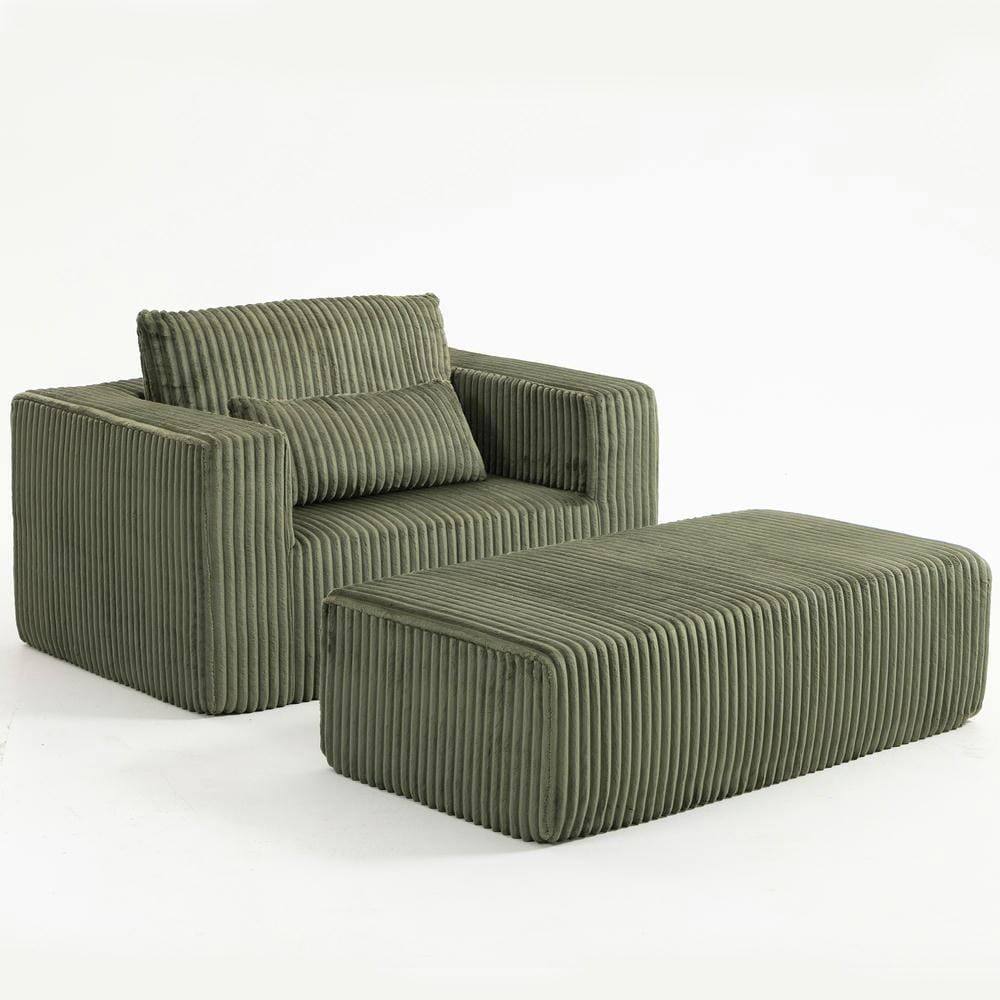 Back. Kadyn - Oversized All-Foam Lounge Chair with Ottoman, Modular Corduroy, No-Tool Assembly, Green - Green.