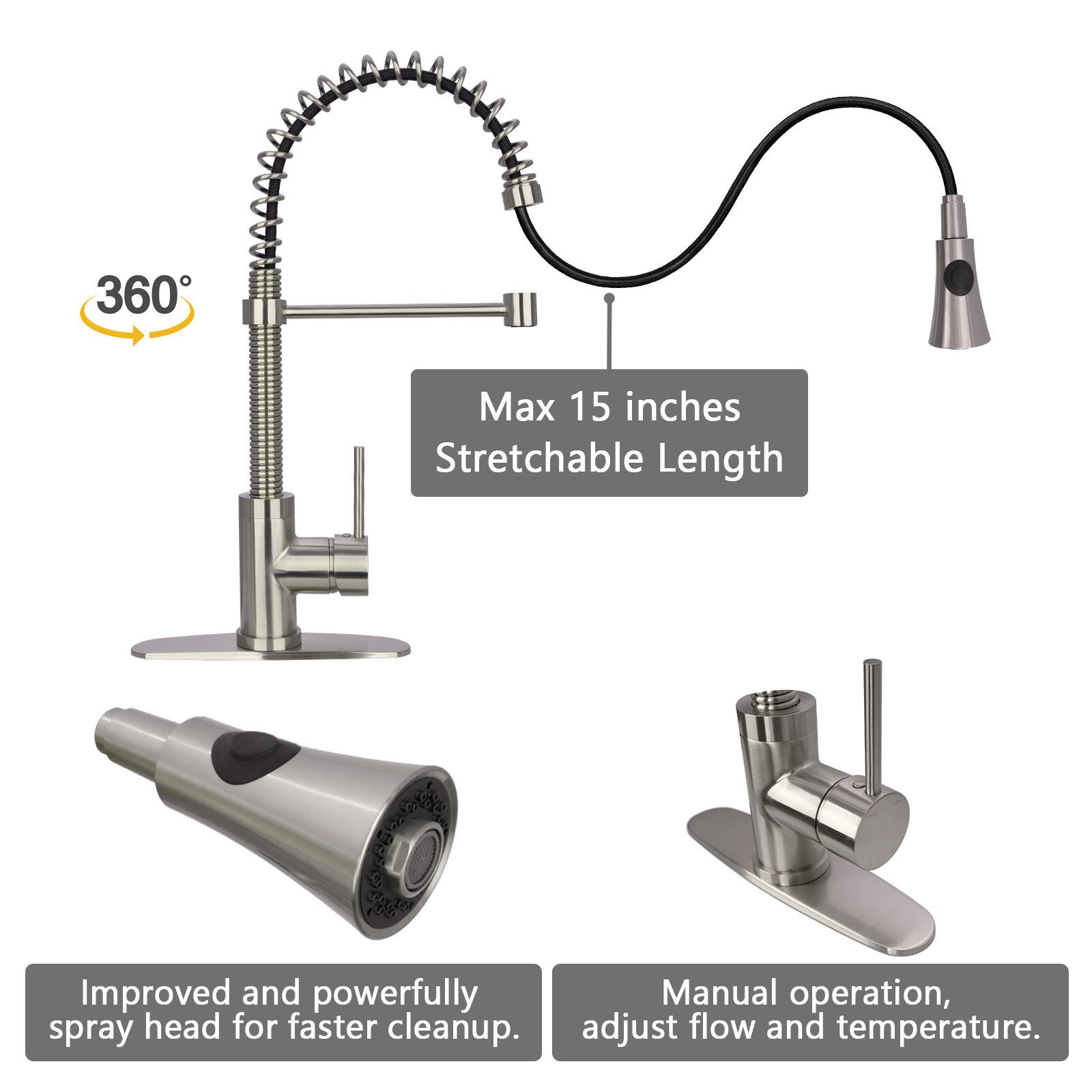 360° Max 15 inches Stretchable Length

Improved and powerfully spray head for faster cleanup.

Manual operation, adjust flow and temperature.