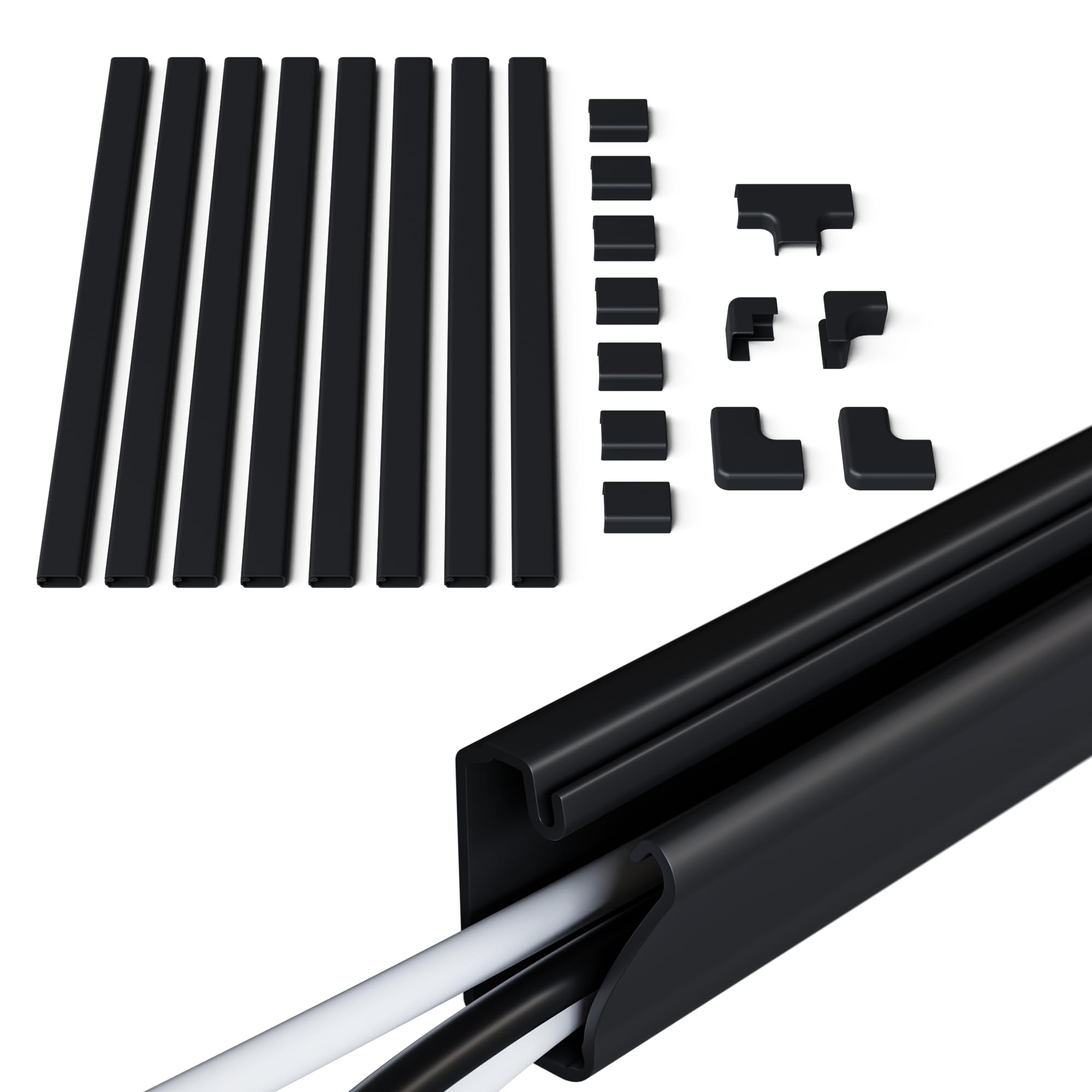 Front. ECHOGEAR - Cable Raceway Kit - 10' of Peel & Stick Channel & Connectors for Customizable Cord Management - Black.