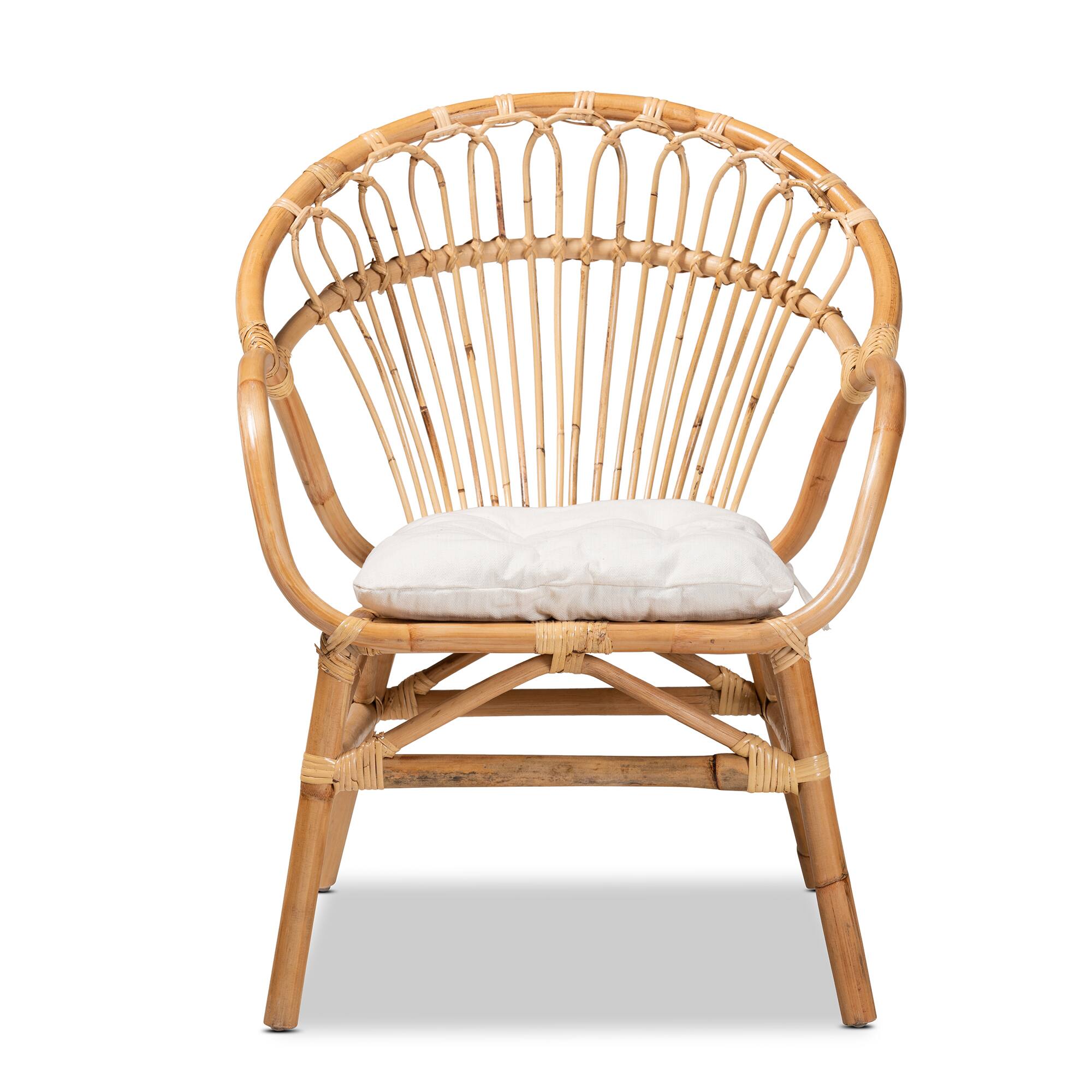 Angle. bali & pari - Benicia Modern Bohemian Rattan Dining Chair - White/Natural Brown.