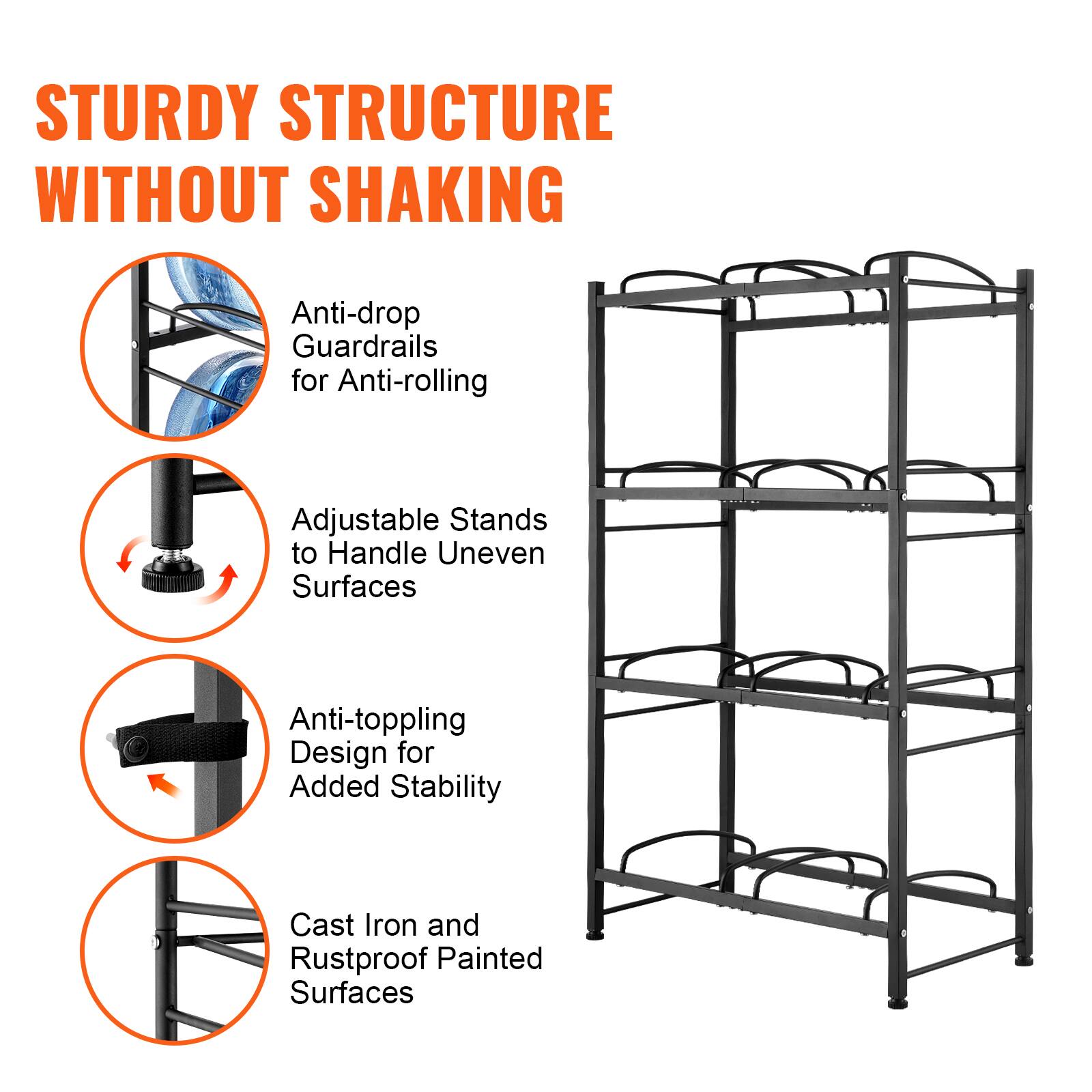 STURDY STRUCTURE WITHOUT SHAKING

- Anti-drop Guardrails for Anti-rolling
- Adjustable Stands to Handle Uneven Surfaces
- Anti-toppling Design for Added Stability
- Cast Iron and Rustproof Painted Surfaces