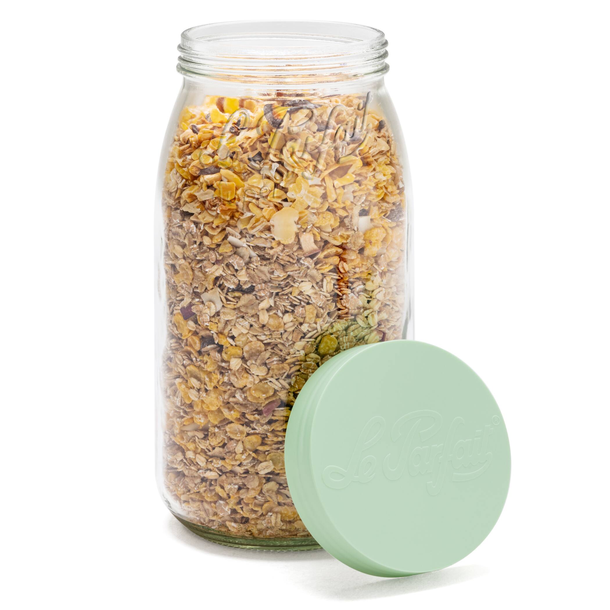 Alt View 1. Le Parfait - Screw Top Jar - 3L Wide Mouth French Glass Canning Jar w/ ColorPlastic Lid, 96oz/3 Quarts (Pack of 3) - MINT.