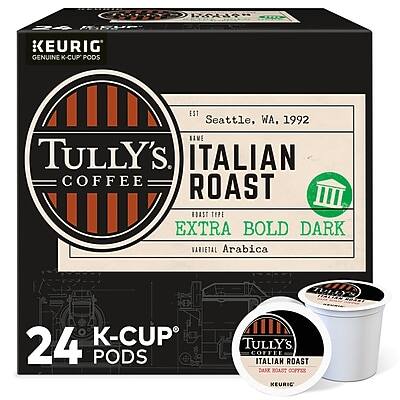 Sure, here is the corrected and grouped text:

---

**KEURIG**  
GENUINE K-CUP PODS

**TULLY'S COFFEE**  
ITALIAN ROAST  
EST Seattle, WA, 1992

**ITALIAN ROAST**  
EXTRA BOLD DARK  
100% Arabica

**24 K-CUP PODS**

**TULLY'S COFFEE**  
ITALIAN ROAST  
DARK ROAST COFFEE

---

**KEURIG**