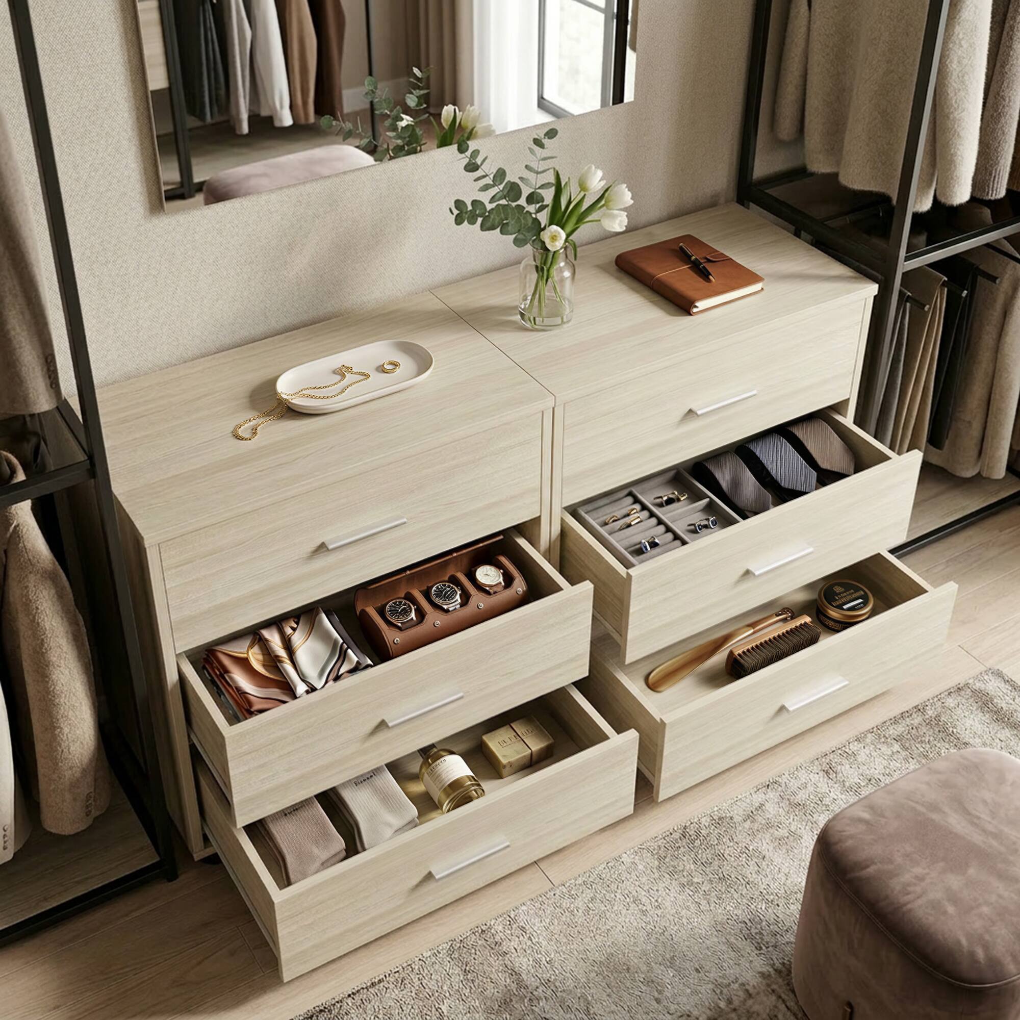 Angle. Aheaplus - 2-Pack Wooden Closet Organizer - 3 Drawers, Multifunctional Bedside Nightstand for Bedroom - White Oak.