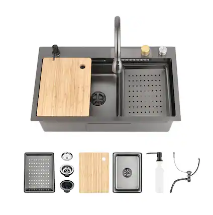 Front. Siljoy - Waterfall Kitchen Sink Stainless Steel Single Bowl Multifunctional Workstation with Flying-rain Faucet & Cutting Board - Black.