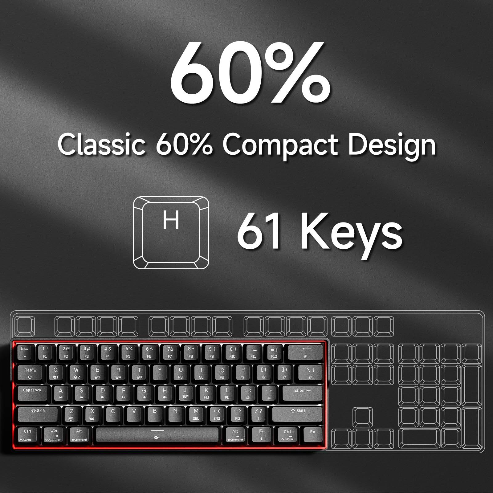 60% Classic 60% Compact Design  
61 Keys  

Esc 1 2 3 4 5 6 7 8 9 0 - = Backspace  
Tab Q W E R T Y U I O P [ ] \  
CapsLock A S D F G H J K L ; ' Enter  
Shift Z X C V B N M , . / Shift  
Ctrl Win Alt Ctrl Alt  
Fn Ctrl Alt Fn
