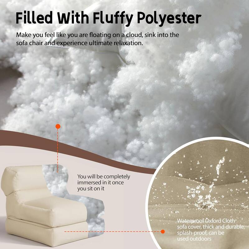 Filled With Fluffy Polyester

Make you feel like you are floating on a cloud, sink into the sofa chair and experience ultimate relaxation.

You will be completely immersed in it once you sit on it.

Waterproof Oxford Cloth sofa cover, thick and durable, splash-proof, can be used outdoors.