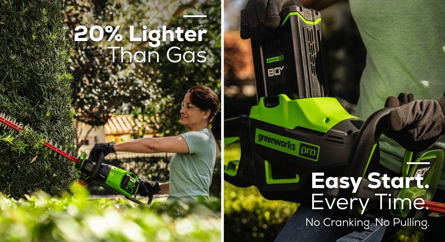 20% Lighter Than Gas: Easy Start. Every Time. No Cranking. No Pulling.