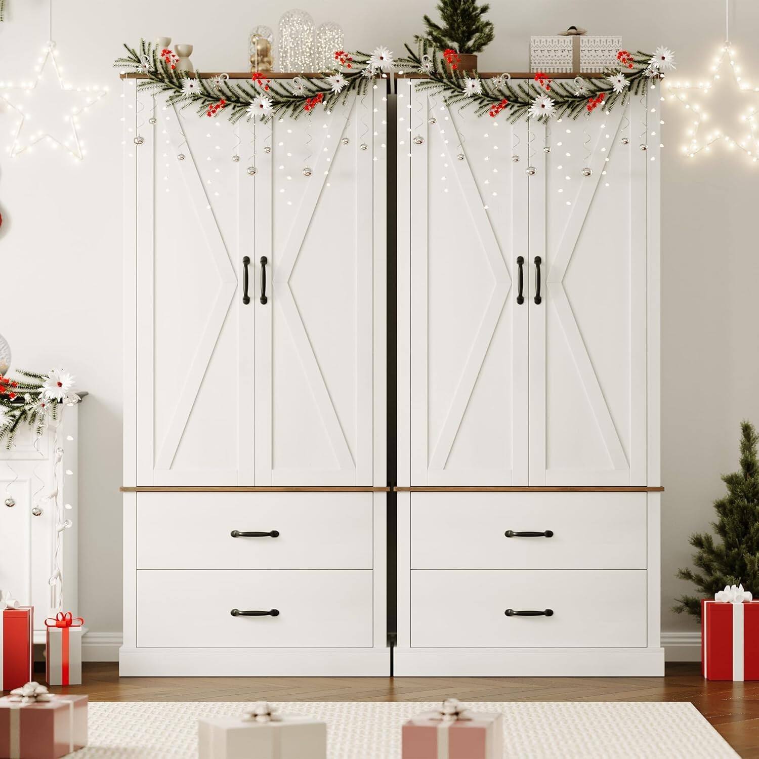 Back. Homhougo - Farmhouse Kitchen Pantry Cabinet, Sliding Barn Door, Drawers, Adjustable Shelf, White - Rustic White.