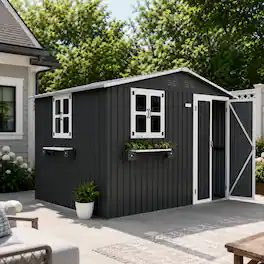 Anysun - 10x8 FT Outdoor Metal Storage Shed with Window & Flower Rack – Lockable Double Doors Tool Shed, Waterproof Weatherproof - Coal Gray