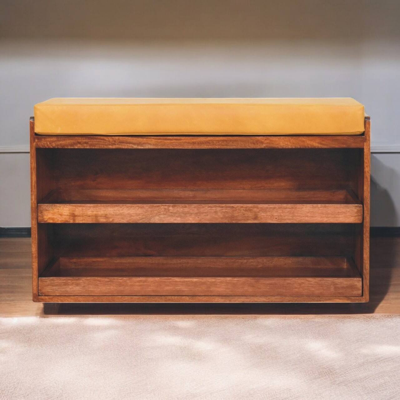 Angle. Artisan Furniture - Artisan Furniture Solid Wood Buffalo Hide Pull out Honey Caramel Shoe Storage Bench - Brown and Yellow.