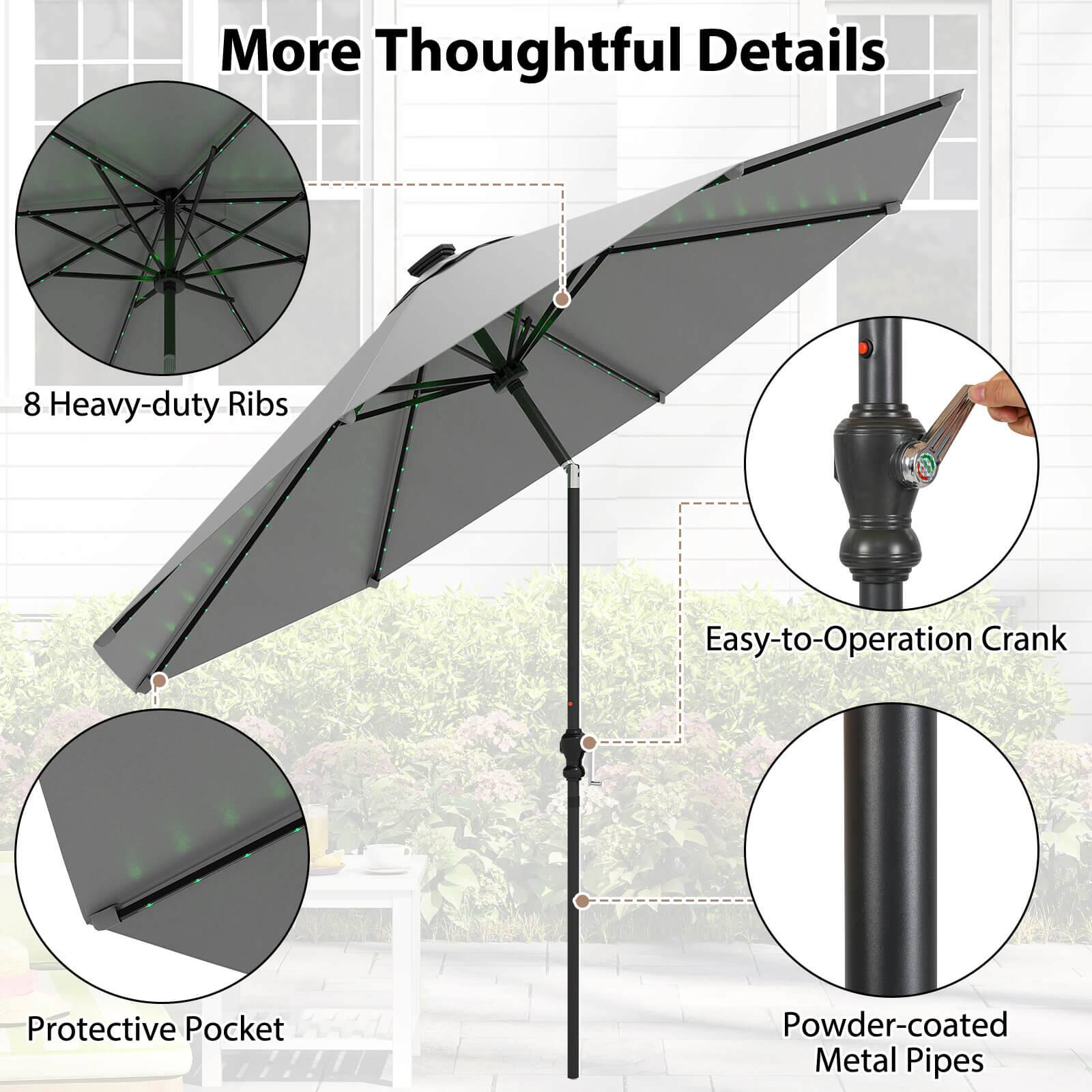 More Thoughtful Details

- 8 Heavy-duty Ribs
- Easy-to-Operation Crank
- Protective Pocket
- Powder-coated Metal Pipes