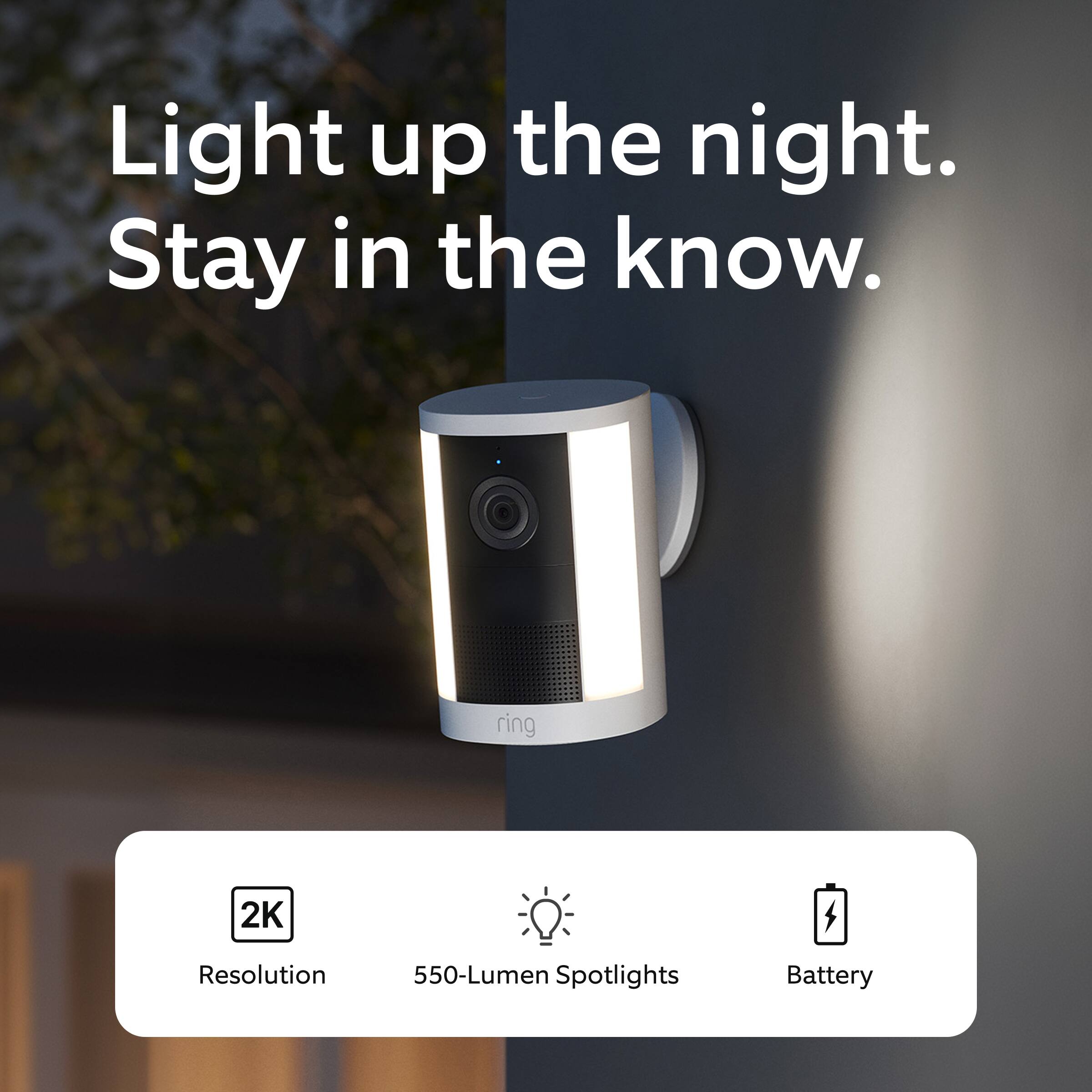 Light up the night. Stay in the know.

- 2K Resolution
- 550-Lumen Spotlights
- Battery