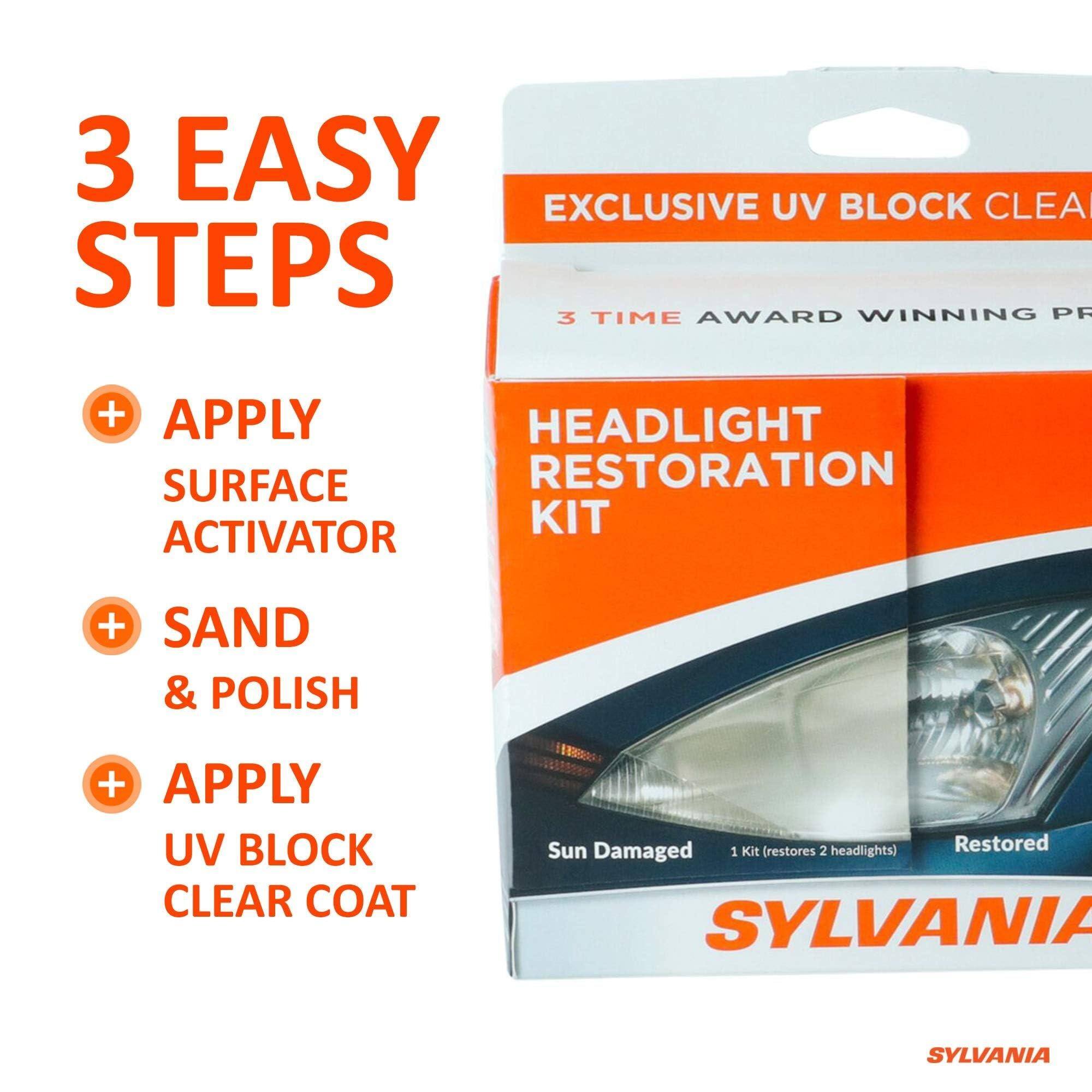3 EASY STEPS

EXCLUSIVE UV BLOCK CLEAR

3 TIME AWARD WINNING

HEADLIGHT RESTORATION KIT

+ APPLY SURFACE ACTIVATOR
+ SAND & POLISH
+ APPLY UV BLOCK CLEAR COAT

Sun Damaged 1 Kit (restores 2 headlights) Restored

SYLVANIA