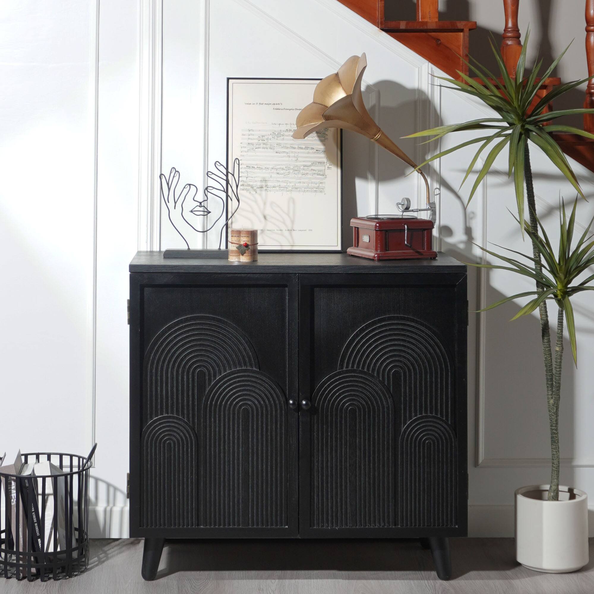 Front. GOODSILO - Modern Wood Storage Cabinet with Embossed Door Design for Living Room Bedroom or Entryway - Black.