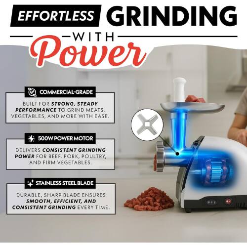 Effortless Grinding with Power

- Commercial-grade built for strong, steady performance to grind meats, vegetables, and more with ease.
- 500W power motor delivers consistent grinding power for beef, pork, poultry, and firm vegetables.
- Stainless steel blade durable, sharp blade ensures smooth, efficient, and consistent grinding every time.